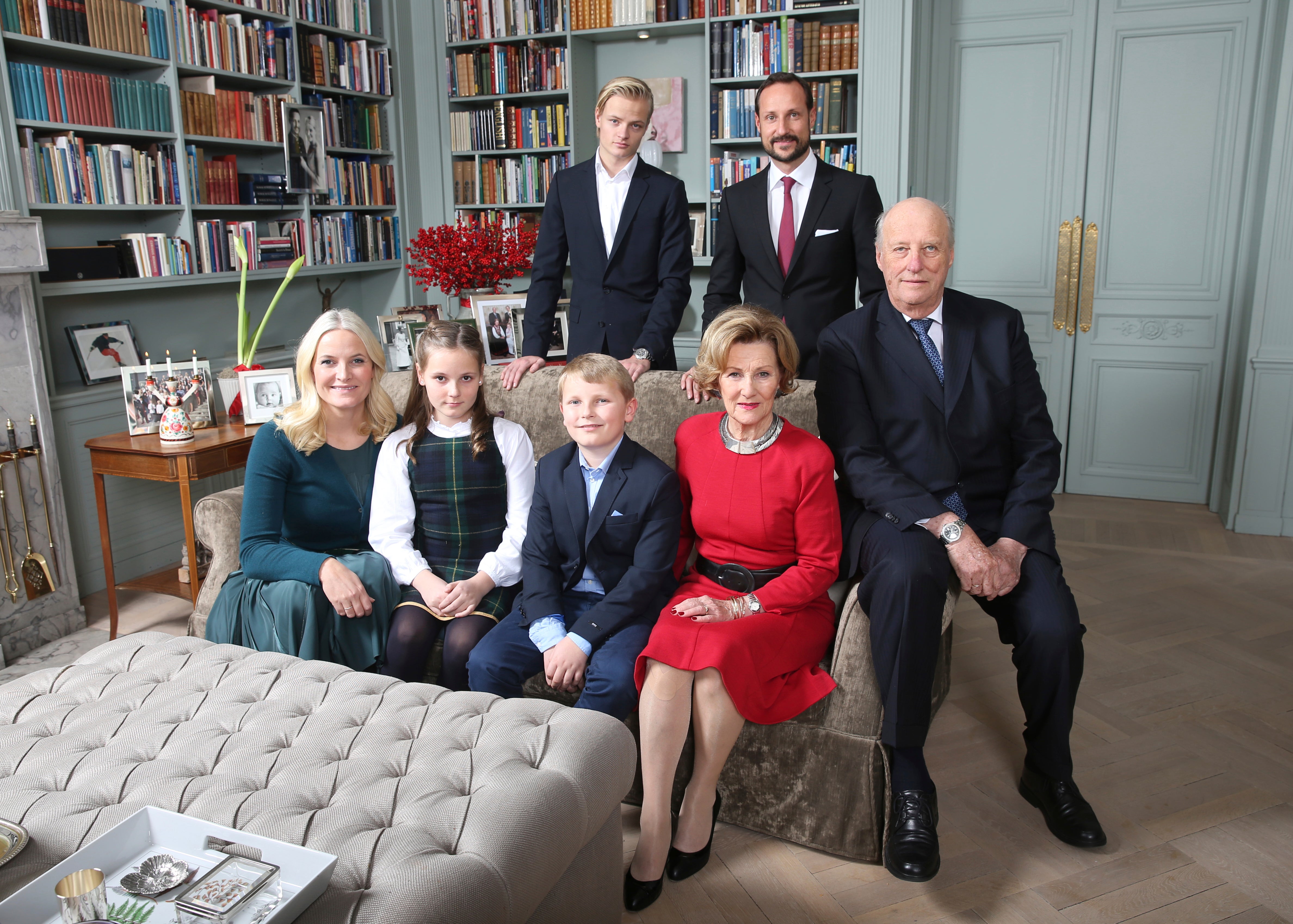 Back row from left, Marius Borg Hoiby and Crown Prince Haakon, front row from left, Crown Princess Mette-Marit, Princess Ingrid Alexandra, Prince Sverre Magnus, Queen Sonja and King Harald pose during a Christmas photo session at Skaugum, the the residence of the Crown Prince and Crown Princess of Norway, in Asker, Norway, Monday, December 14, 2015