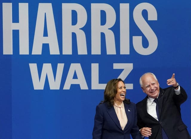 <p>Kamala Harris and her newly-chosen vice presidential running mate Tim Walz take the stage in Philadelphia on August 6. The are launching their ticket with a week-long swing-state tour</p>