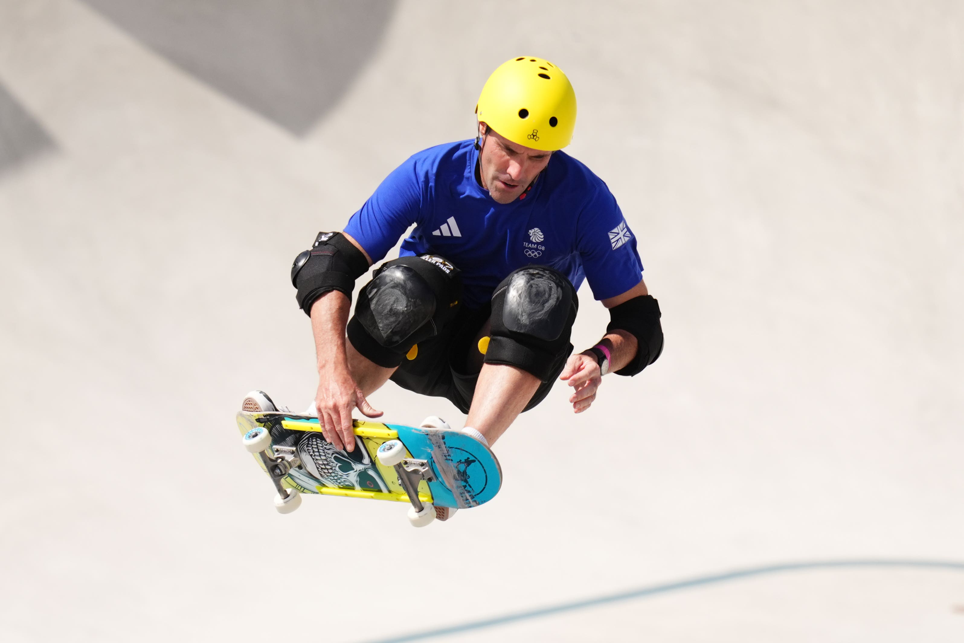 Great Britain skateboarder Andy Macdonald flies through the air during his Olympic heat in Paris (John Walton/PA)