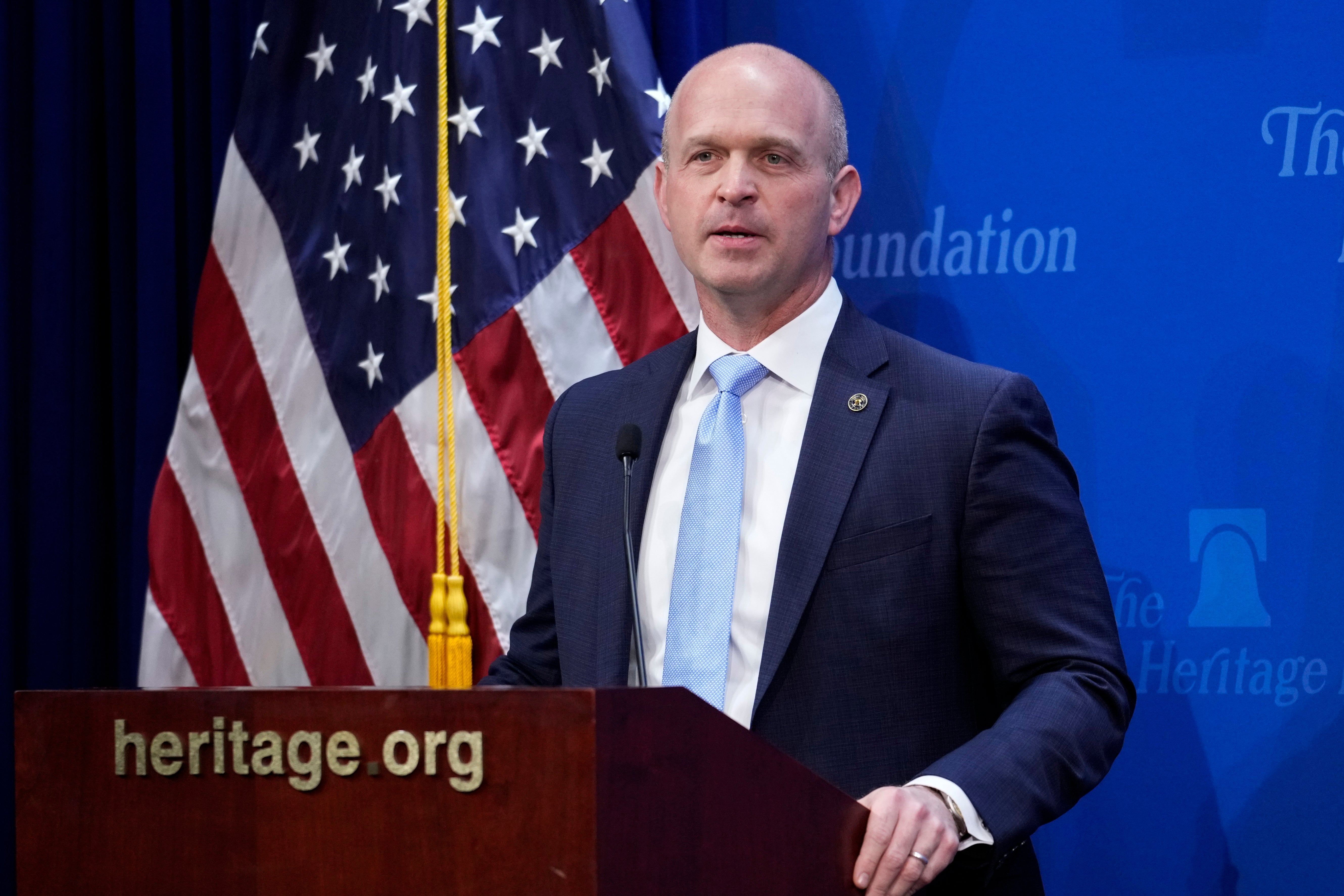 Kevin Roberts, president of The Heritage Foundation, speaks at the 2023 Margaret Thatcher Freedom Lecture in Washington, April 12, 2023. He has delayed the release of his book amid backlash against Project 2025