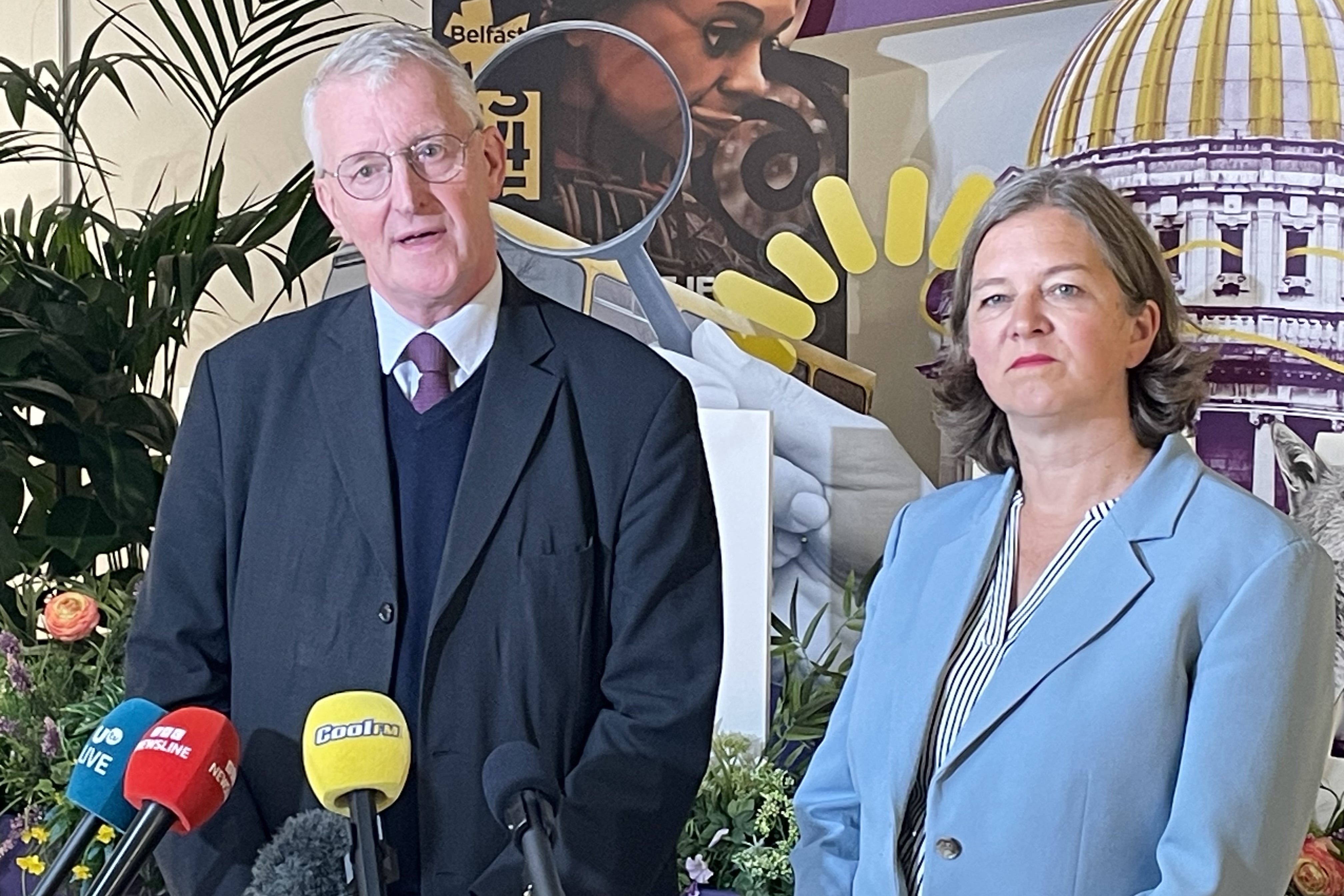 Hilary Benn and Fleur Anderson speak to media at a community centre in Belfast, following several nights of violent disorder (Rebecca Black/PA)