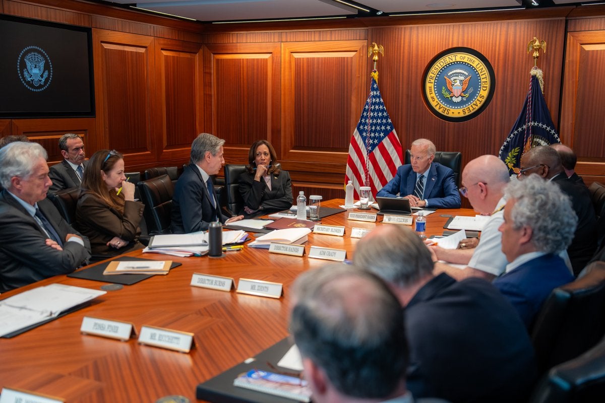 Joe Biden and Kamala Harris receive a briefing in the Situation Room on Middle East tensions from the White House National Security team on Monday August 5