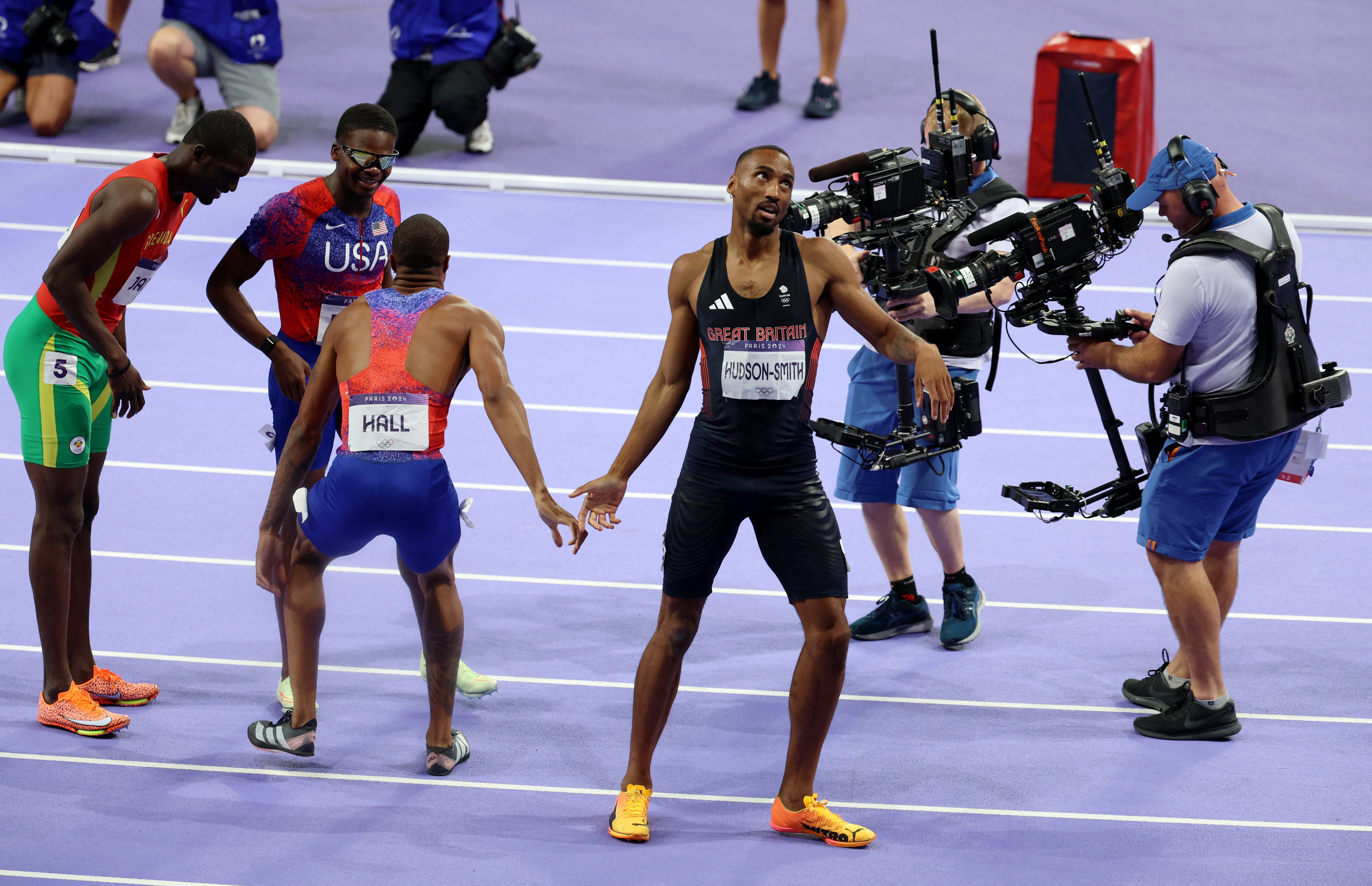 Quincy Hall of United States celebrates after winning gold with Matthew Hudson-Smith of Britain after winning silver