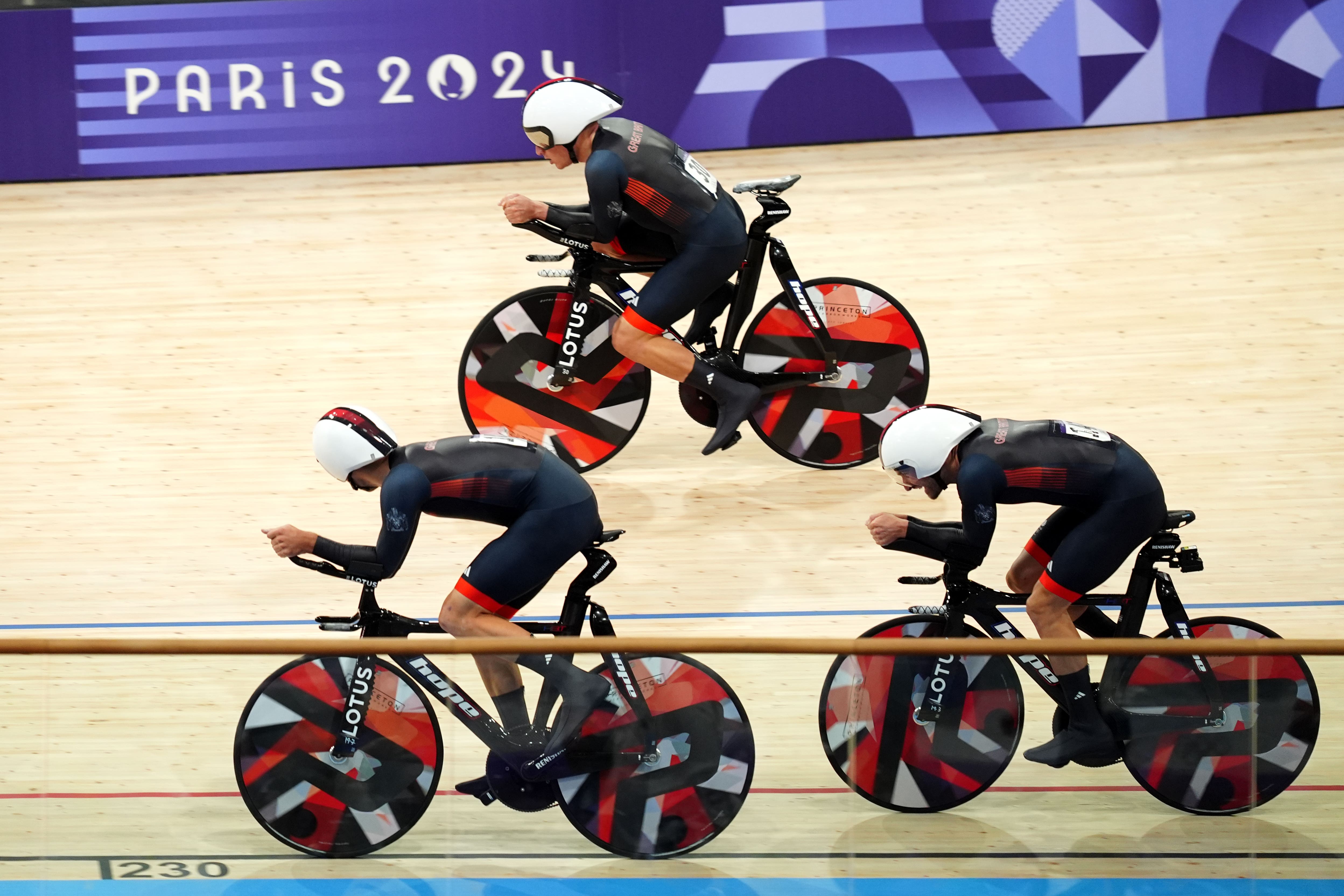 Great Britain’s Ethan Hayter (top) pictured having slipped off his seat in the final stages of the men’s team pursuit final (David Davies/PA).