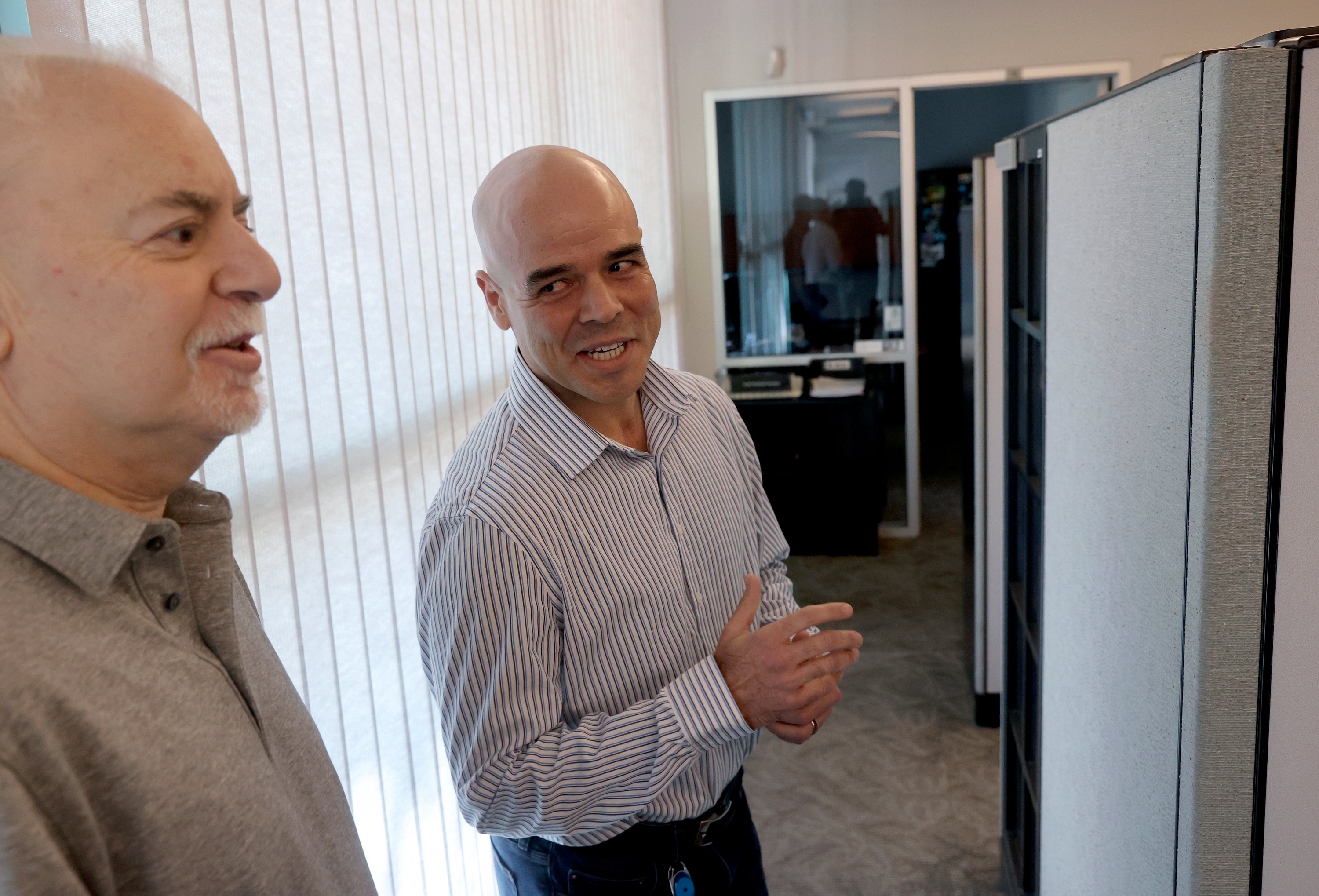 Former Clark County Public Administrator Robert Telles, right, talks to Las Vegas Review-Journal reporter Jeff German in his Las Vegas office in May 2022, months before German was killed