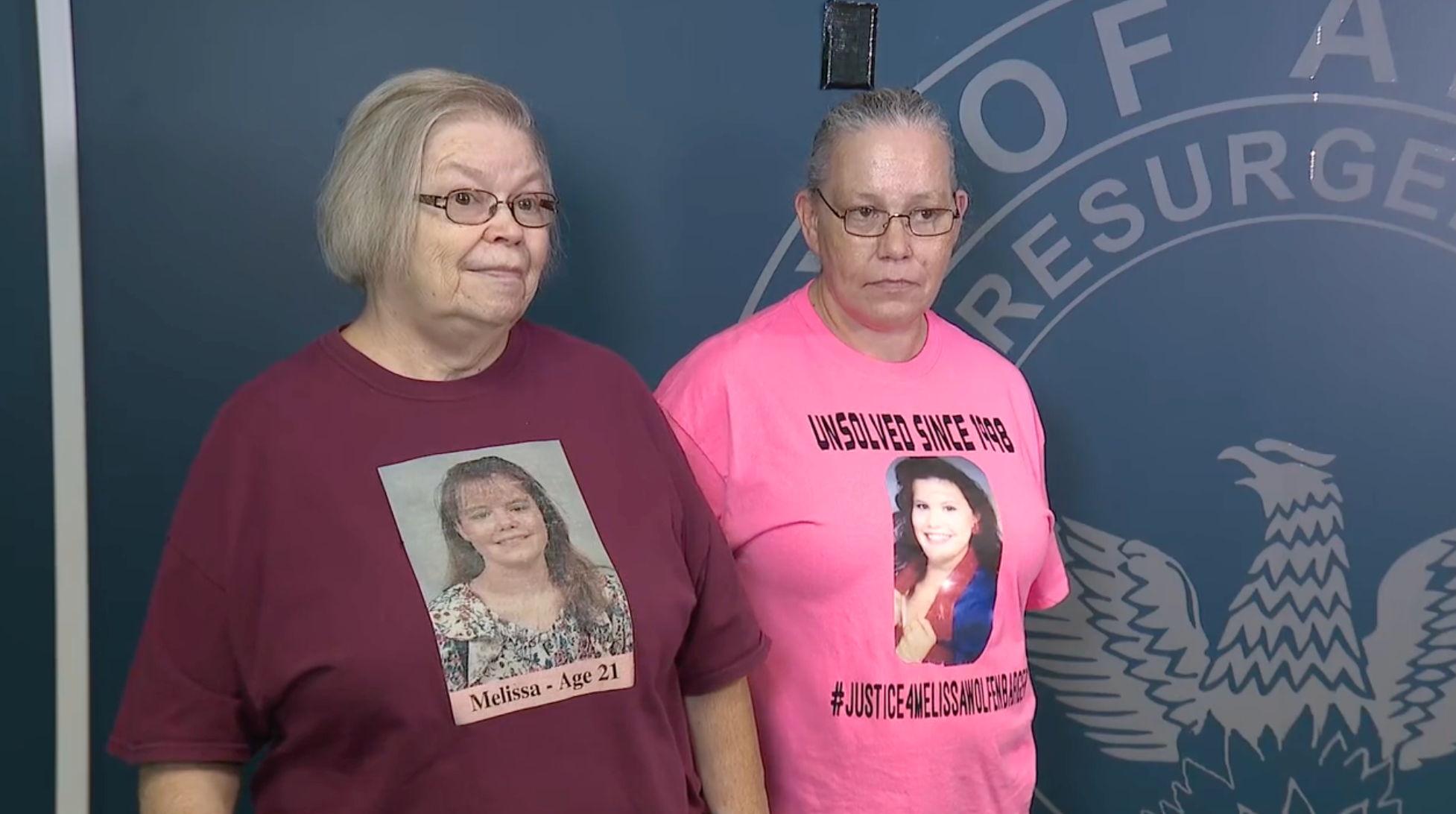 Norma Patton and Tina Patton (right) at a press conference on Wednesday wearing shirts honoring Melissa Wolfenbarger