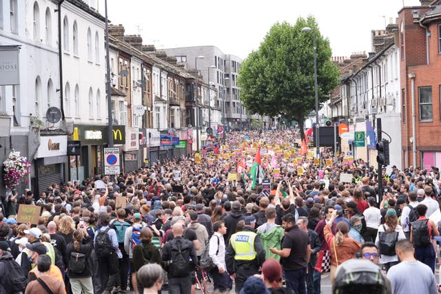 Demonstrators at an anti-racism protest in Walthamstow, London. Picture date: Wednesday August 7, 2024.