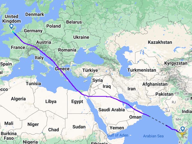 <p>Flight path of Virgin Atlantic VS317 from London Heathrow to Bengaluru in southern India</p>