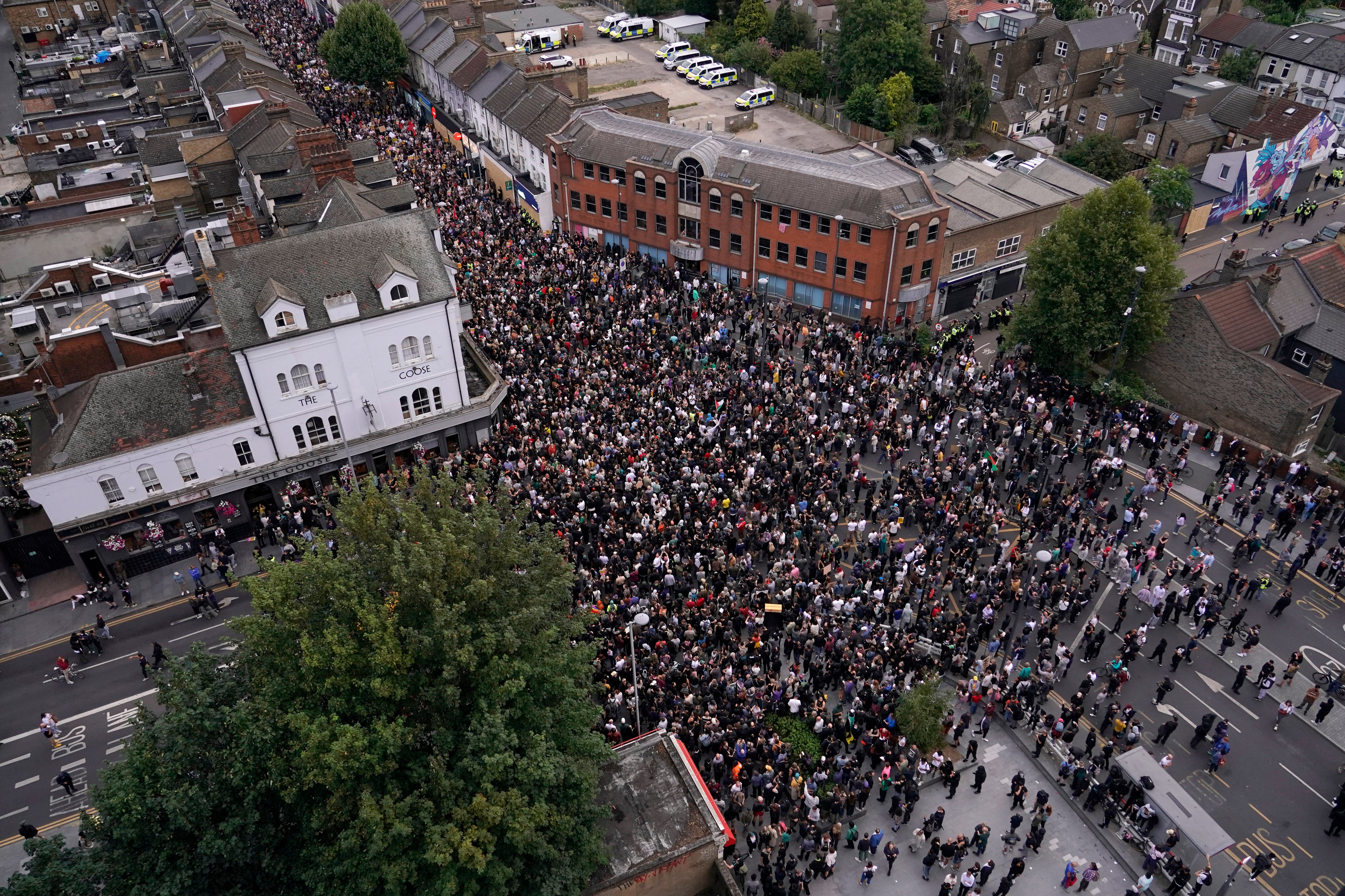 An aerial view of counter-protesters in Walthamstow