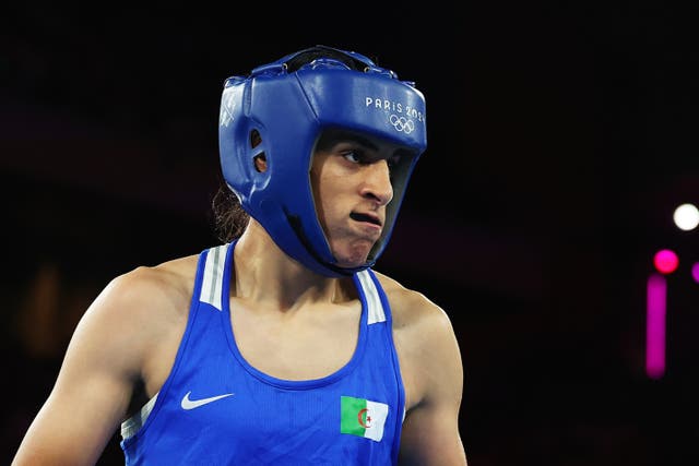 <p>Imane Khelif in action at the Paris Olympics this summer </p>