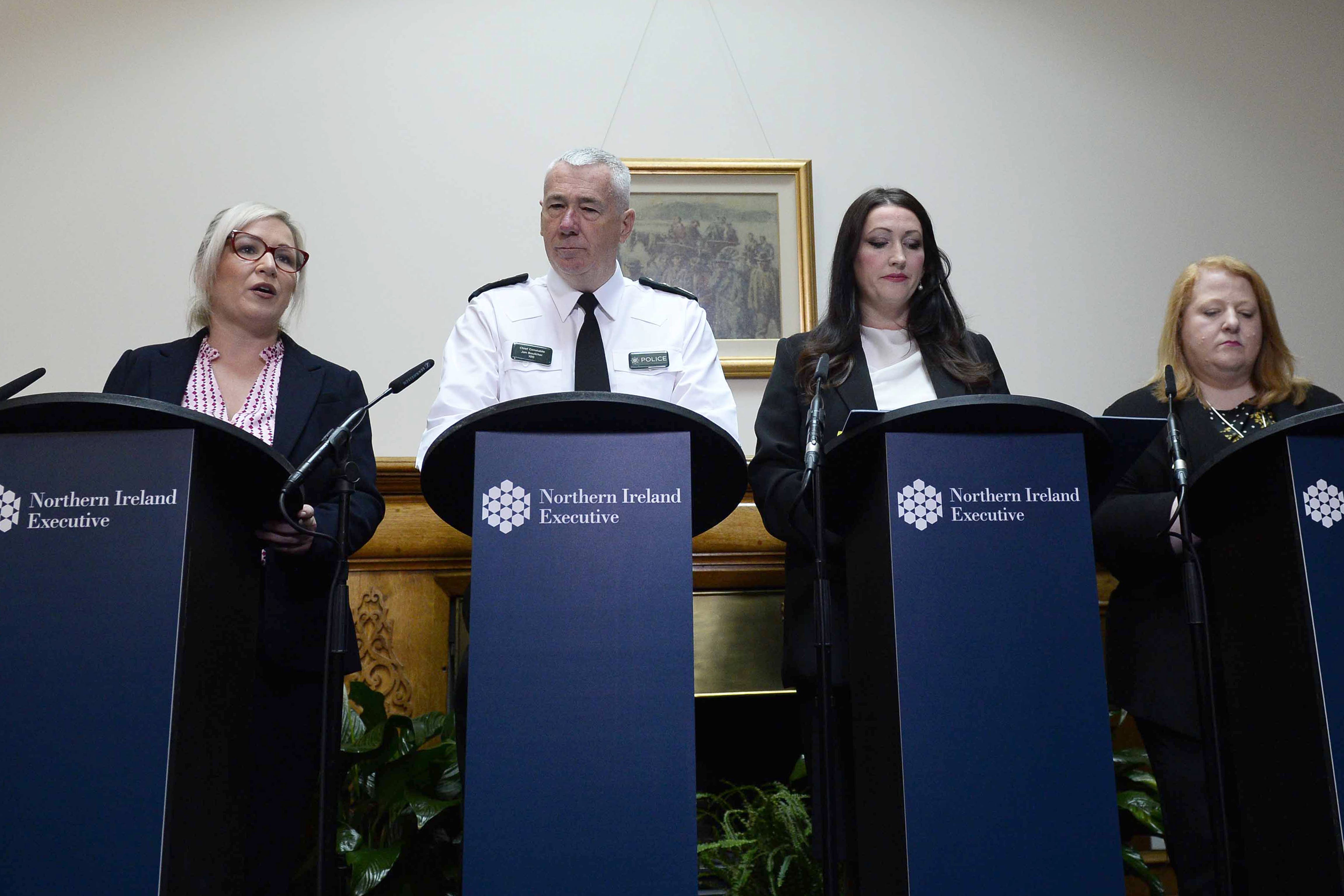 (Left to right) First Minister of Northern Ireland Michelle O’Neill, PSNI Chief Constable Jon Boucher, deputy First Minister Emma little-Pengelly and Alliance Party leader Naomi Long speaking to the media at Stormont Castle, Belfast (Mark Marlow/PA)