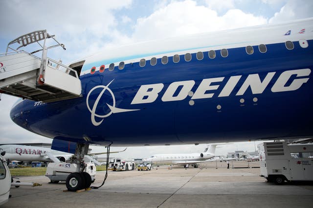<p>The Boeing 777X airplane is shown at the Paris Air Show in Le Bourget, north of Paris, France, on June 19, 2023</p>