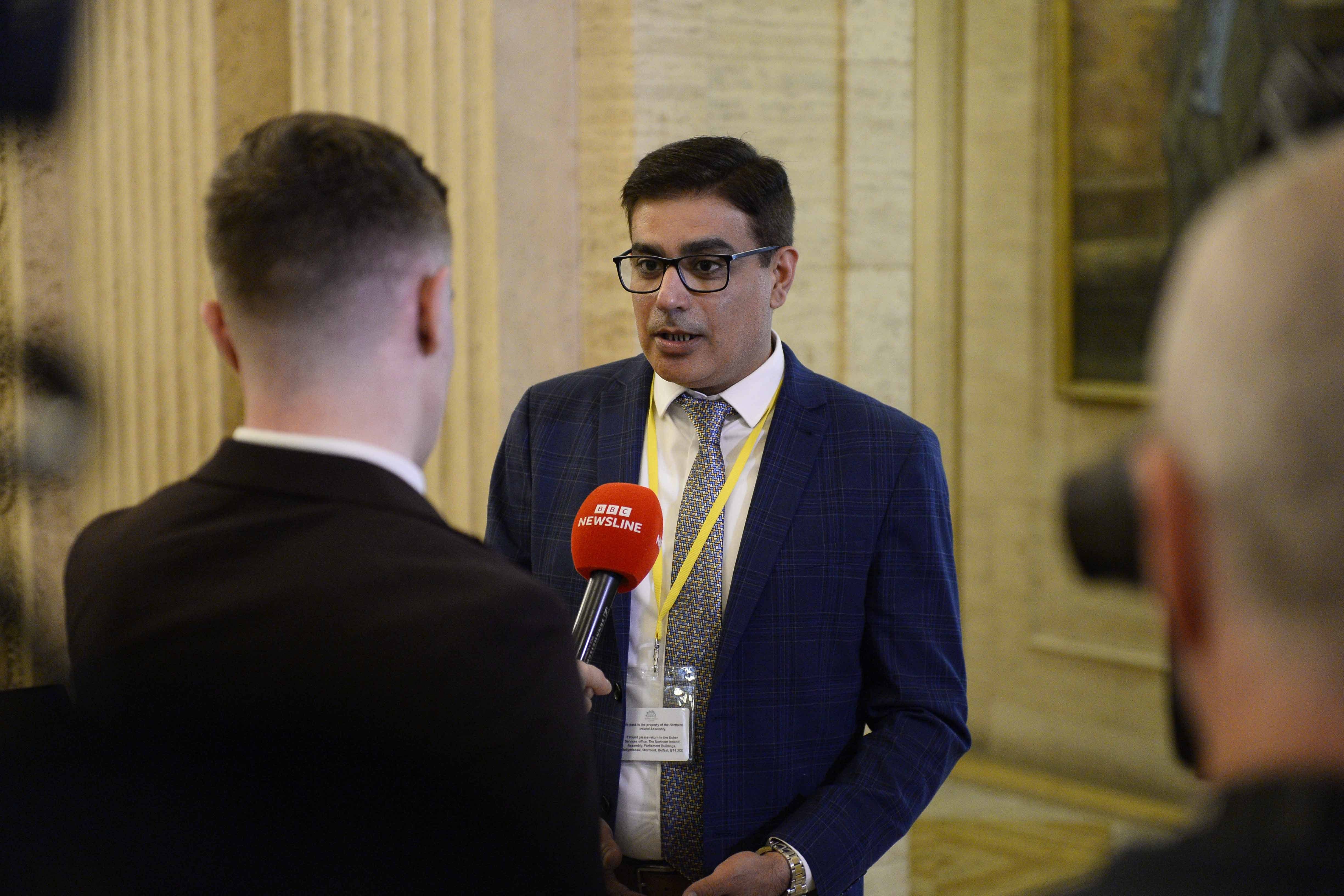 Belfast Multi Cultural Association’s Muhammad Atif speaks to members of the media in the Great Hall of Parliament Buildings at Stormont, Belfast. Political Party leaders and officials met to discuss the key issues regarding recent unrest in Northern Ireland during a special sitting of the Stormont executive (Mark Marlow/PA)
