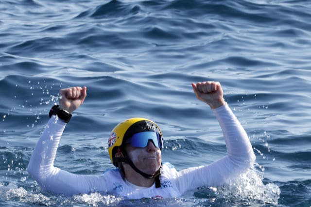 Great Britain’s Ellie Aldridge celebrates winning gold in the women’s kitesurfing (Patrick Aventurier/PA).