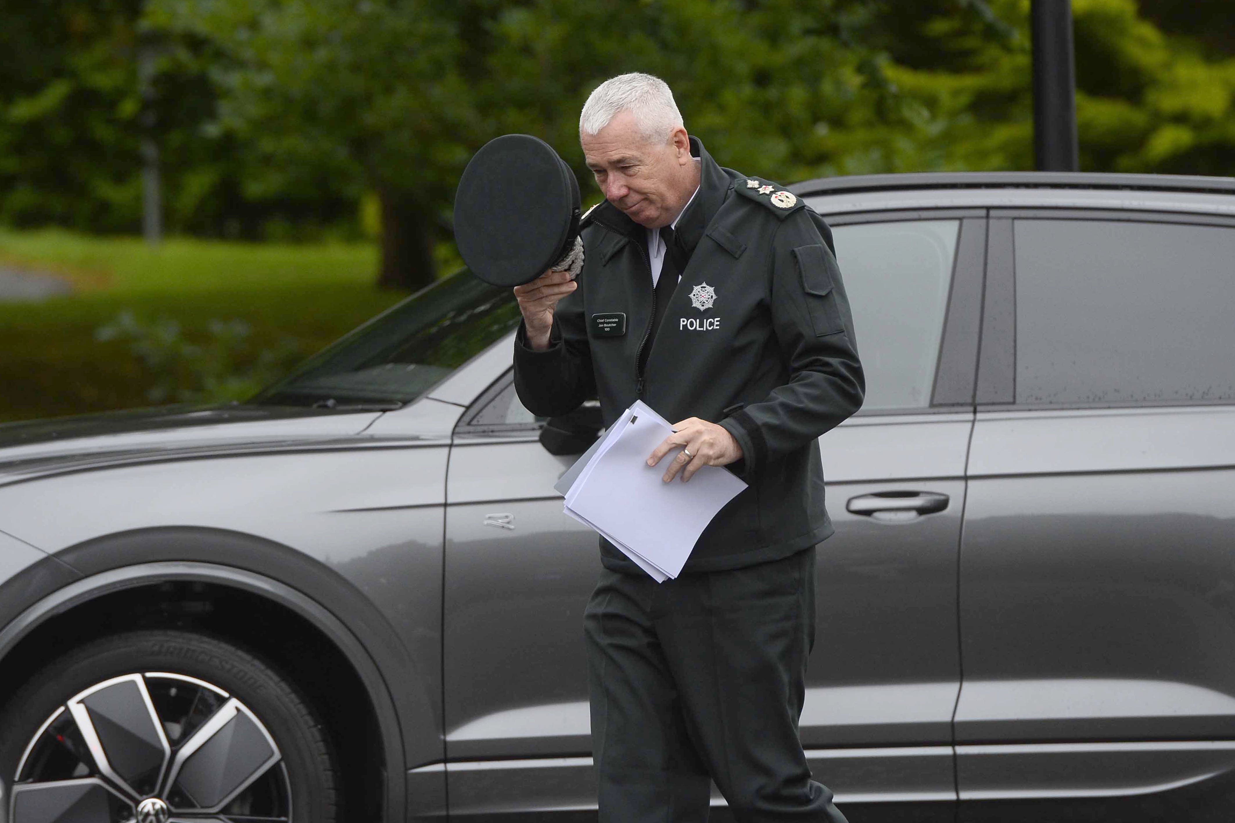 PSNI Chief constable Jon Boutcher arriving at Stormont Castle, Belfast, as Stormont MLAs are returning from summer recess for an Assembly sitting to discuss recent scenes of violent disorder on the streets of Belfast. Picture date: Thursday August 8, 2024.