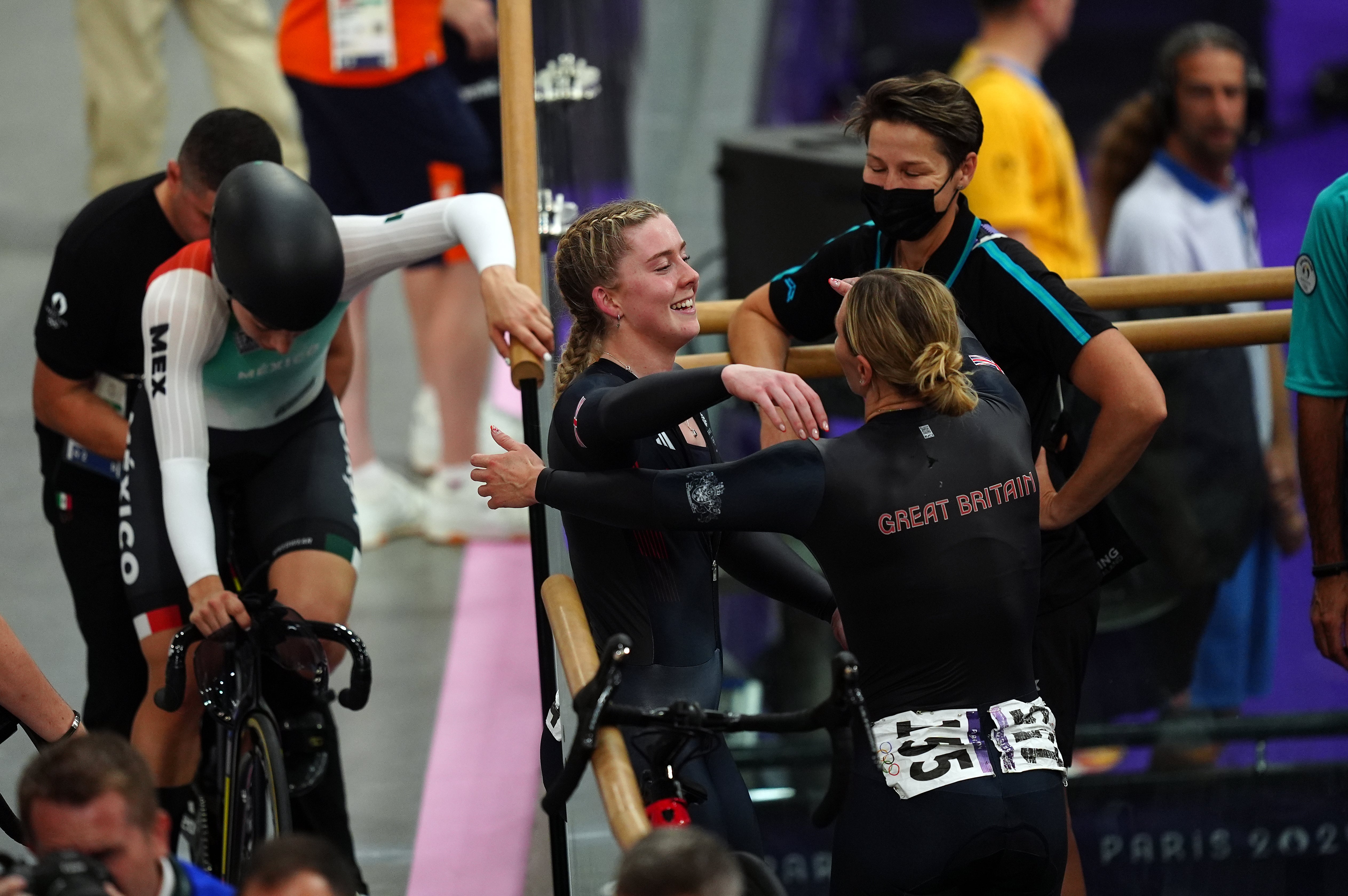 Emma Finucane celebrates with her team-mate Katy Marchant, who finished fourth (David Davies/PA)