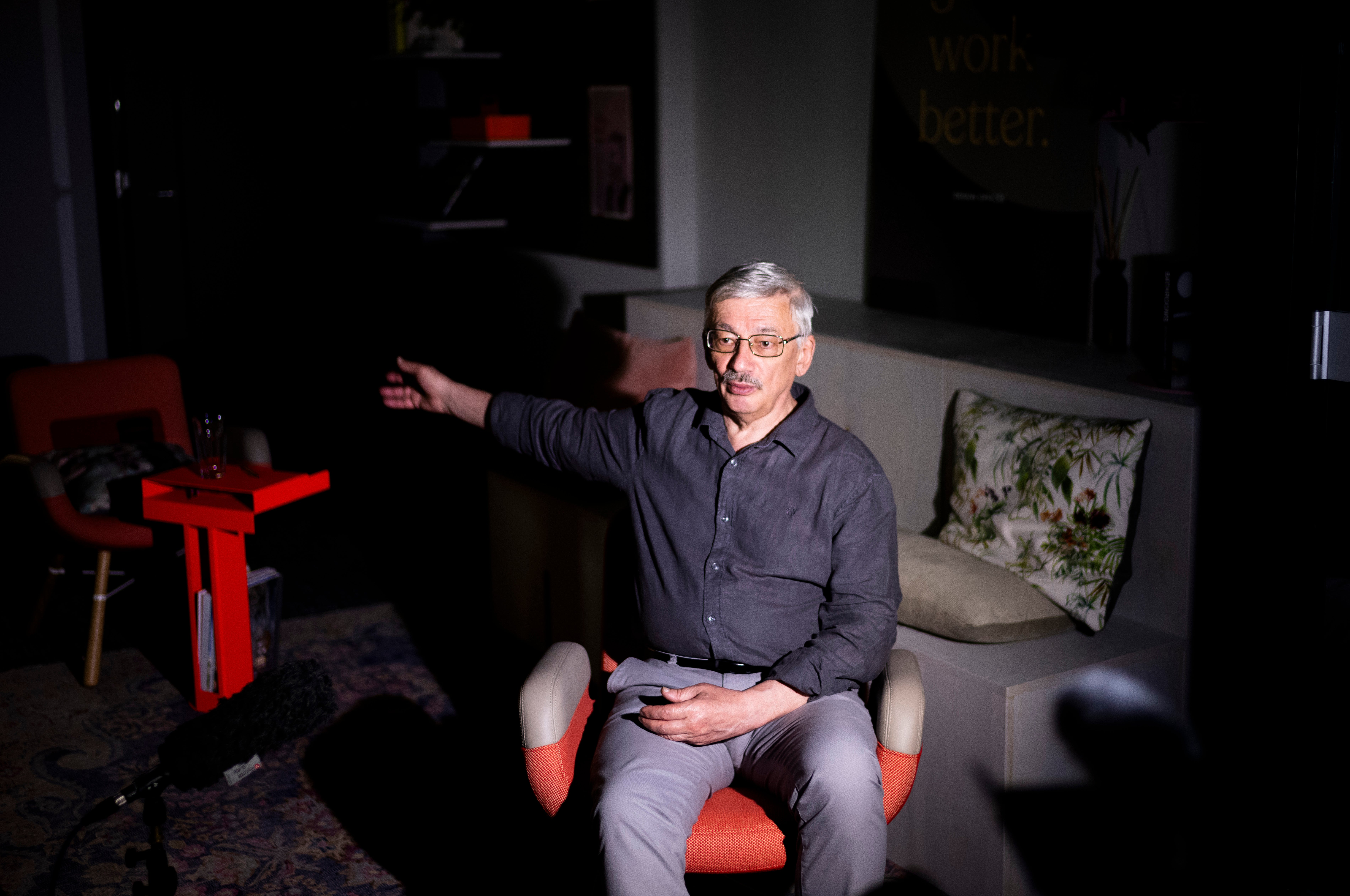 Oleg Orlov, co-chair of the Nobel Peace Prize-winning human rights group Memorial, speaks during an interview with The Associated Press in Berlin, Germany, 8 Aug 2024