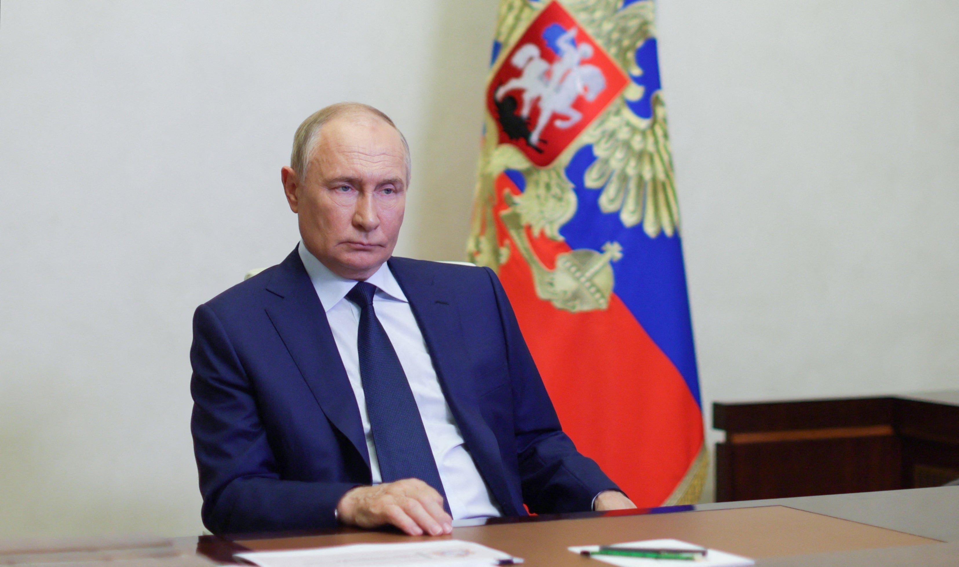 <p>Russia’s President, Vladimir Putin attends a remote meeting with Kursk Region Governov via video call in Moscow</p>