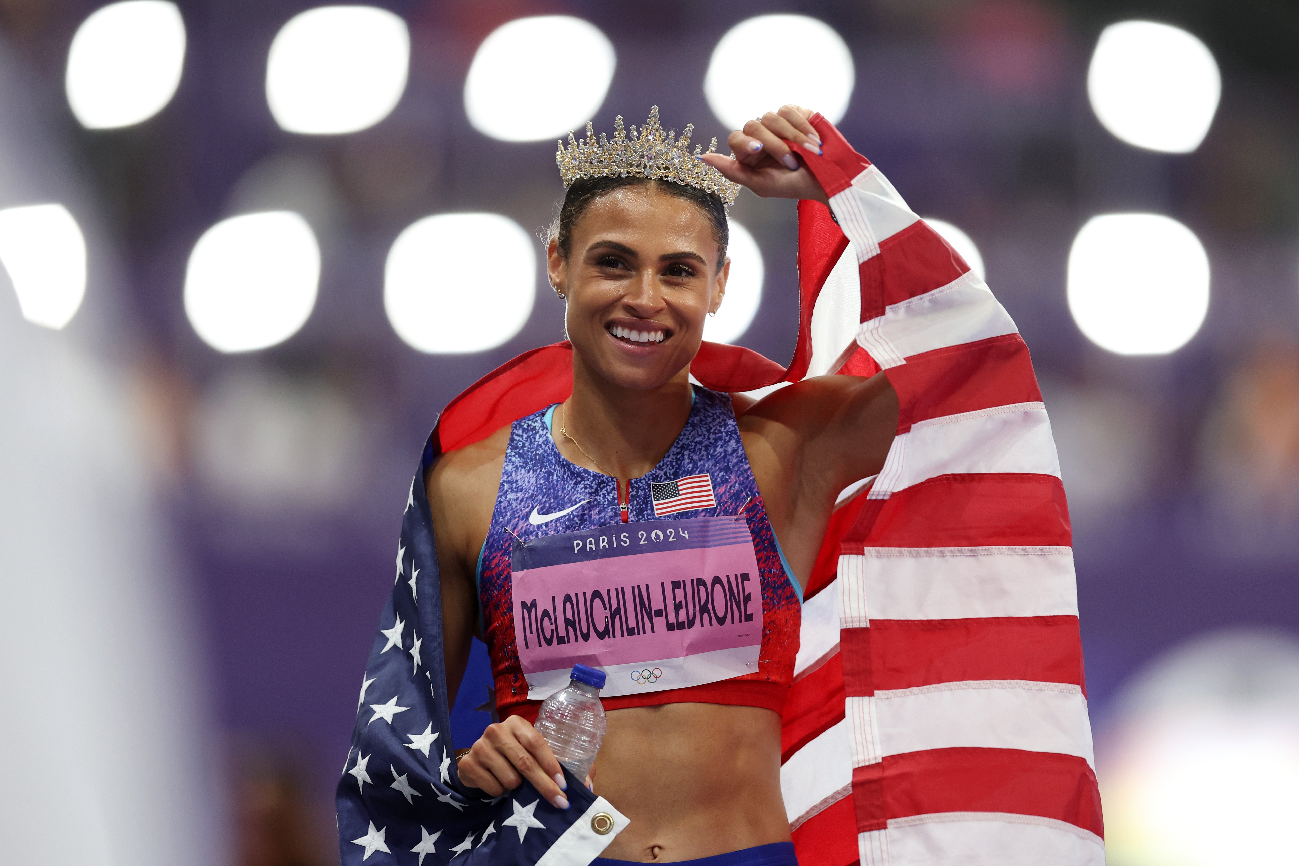 Sydney McLaughlin-Levrone celebrates after winning 400m hurdles gold