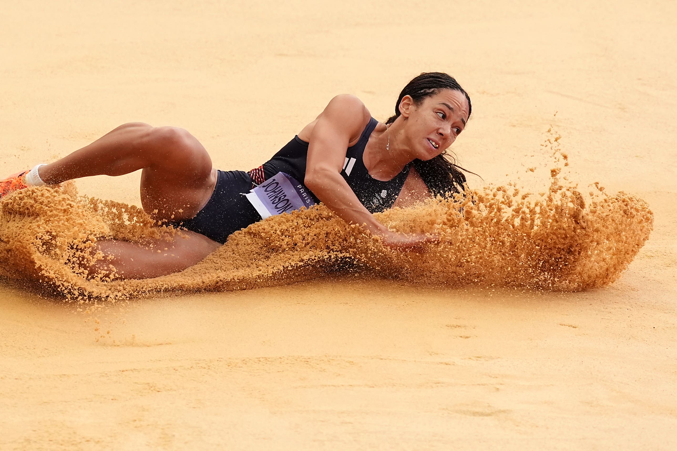 Great Britain’s Katarina Johnson-Thompson competes in the long jump during the second day of the women’s hepathlon at the Paris Olympics (Martin Rickett/PA).