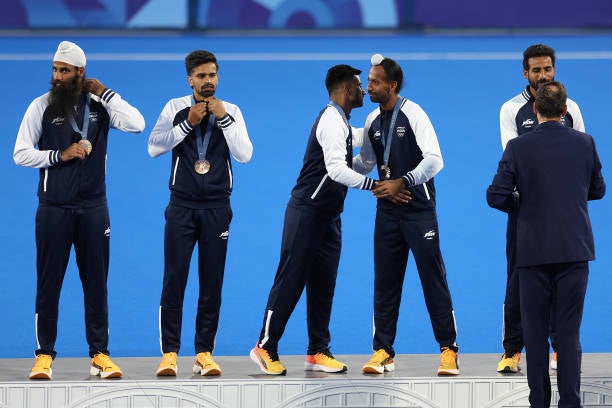 Team India celebrate winning the bronze medal in men’s hockey at the Olympics in Paris