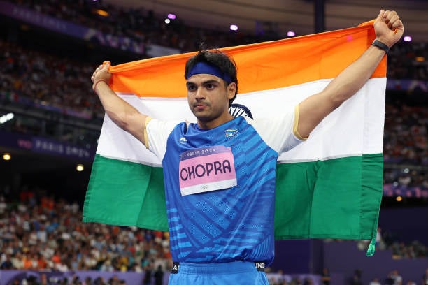 Neeraj Chopra celebrates after winning silver in the men's javelin – India’s only non-bronze medal at the 2024 Paris Olympics