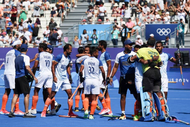 Team India celebrate after winning the men’s hockey bronze medal match against Spain at the Olympics in Paris