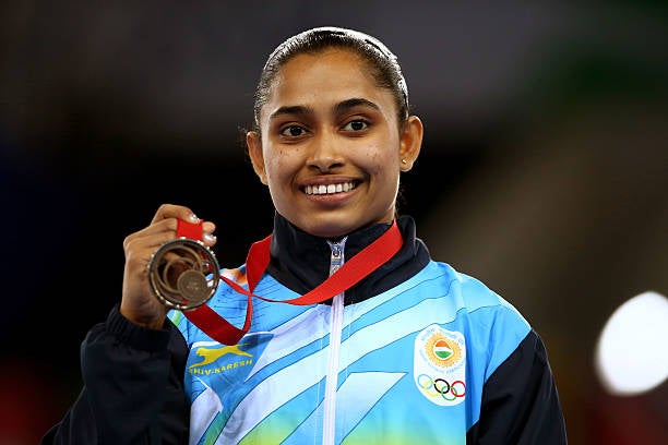 Bronze medallist Dipa Karmakar poses during the medal ceremony for the women’s vault final at the 2014 Commonwealth Games in Glasgow