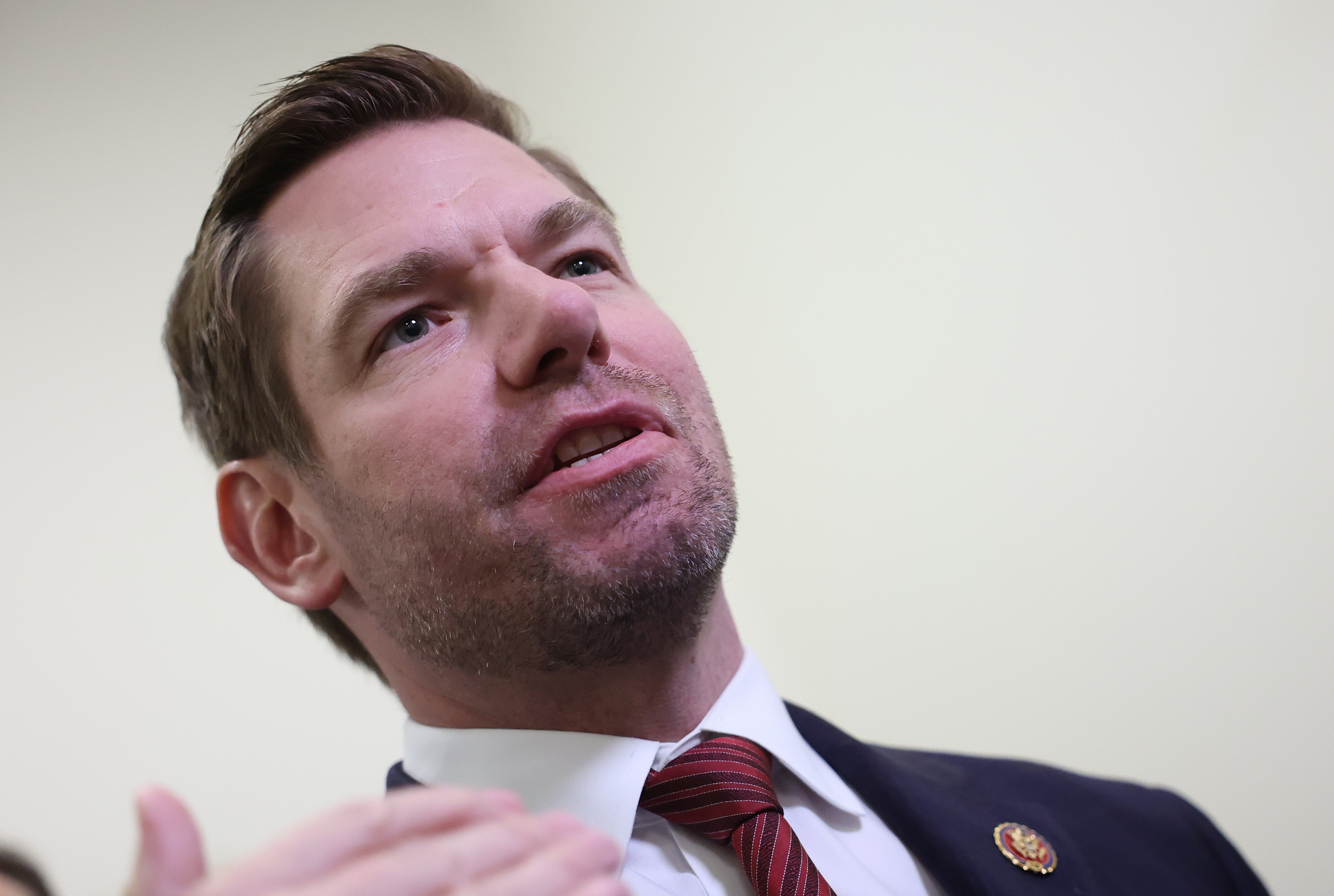 The office of Eric Swalwell (pictured) received five terrifying messages from Michael Shapiro, threatening to kill him and his children