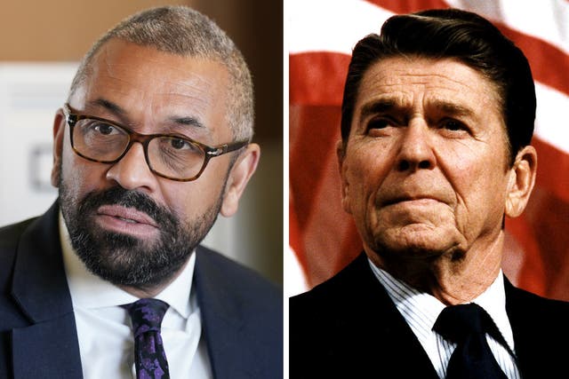 <p>Shadow home sectretary James Cleverly and former US president Ronald Reagan </p>