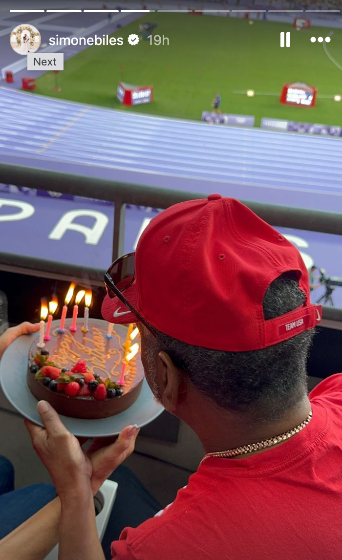 Simone Biles posts picture of her dad blowing out his candles inside the Olympic stadium