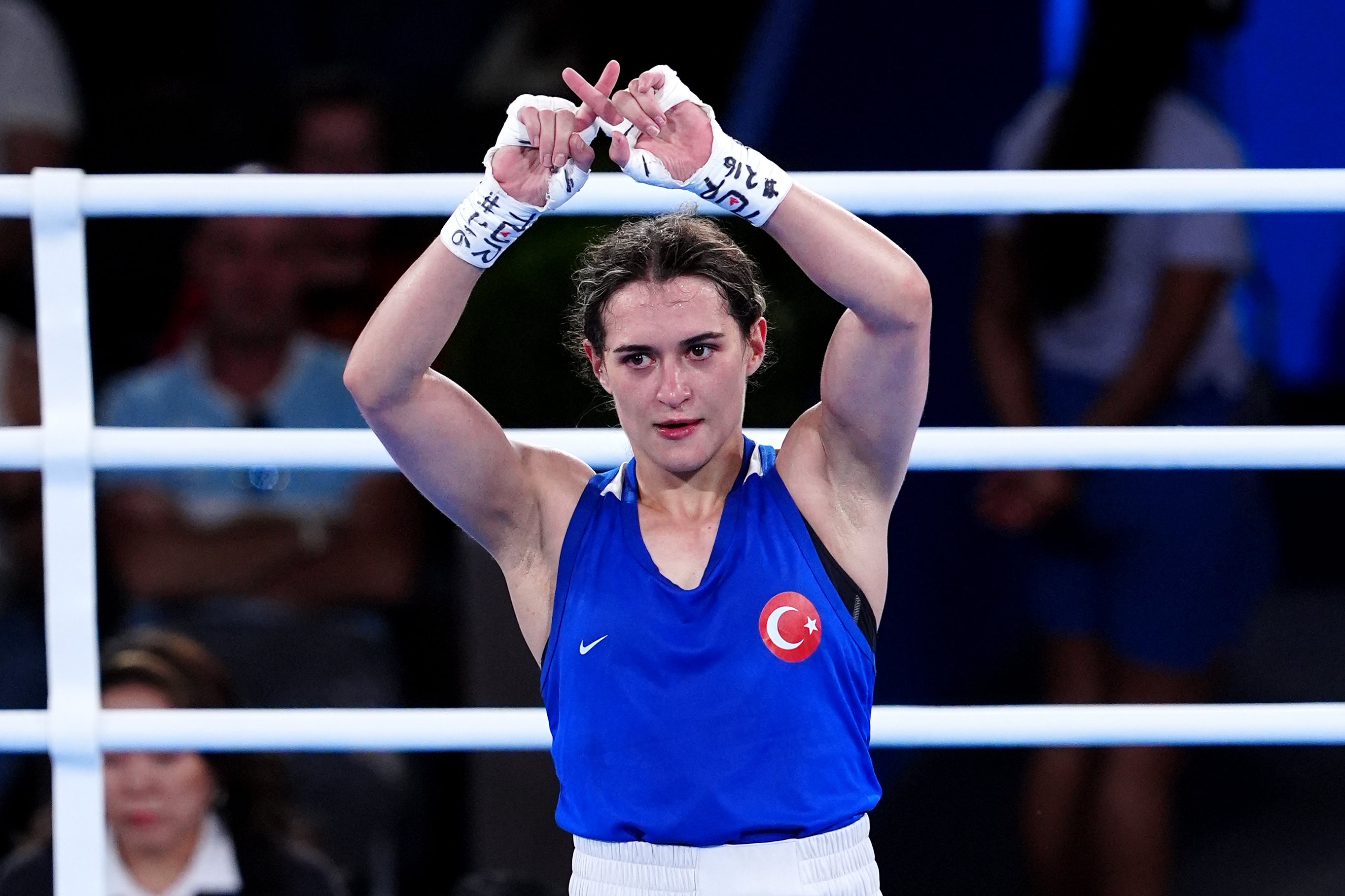 Turkey’s Esra Yildiz Kahraman made an ‘X’ symbol with her fingers after losing to Lin Yu-ting (Peter Byrne/PA)