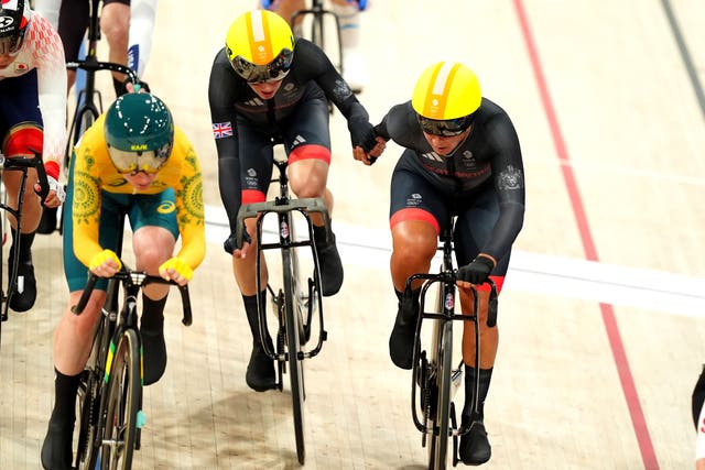 Great Britain’s Elinor Barker and Neah Evans (centre and right) en route to a silver medal in the women’s Madison (David Davies/PA).