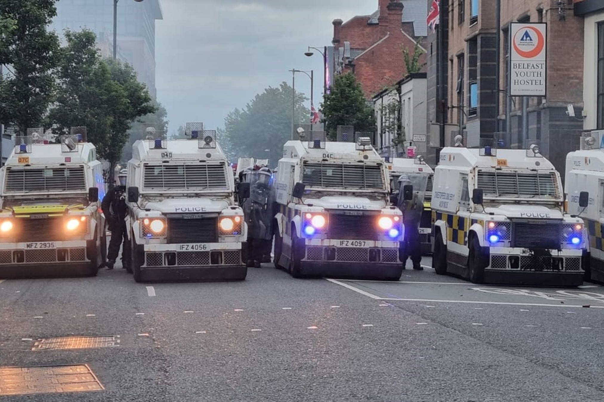 PSNI officers man road blocks in Belfast following an anti-Islamic protest outside Belfast City Hall on August 3 (PA)