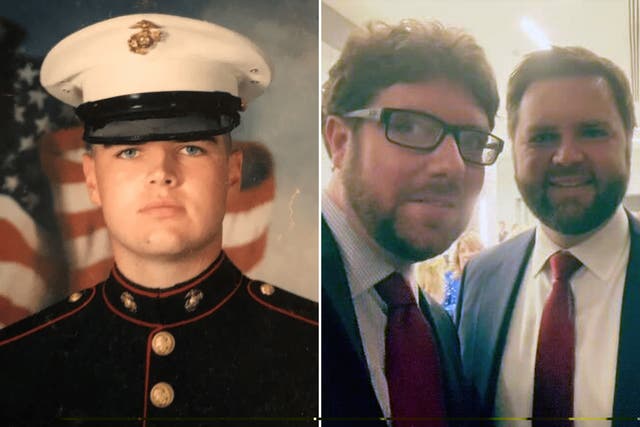 <p>Left: Official portrait of JD Vance by US Marine Corps, dated 2003.  Right:  Fellow marine Cullen Tiernan and JD Vance.  </p>