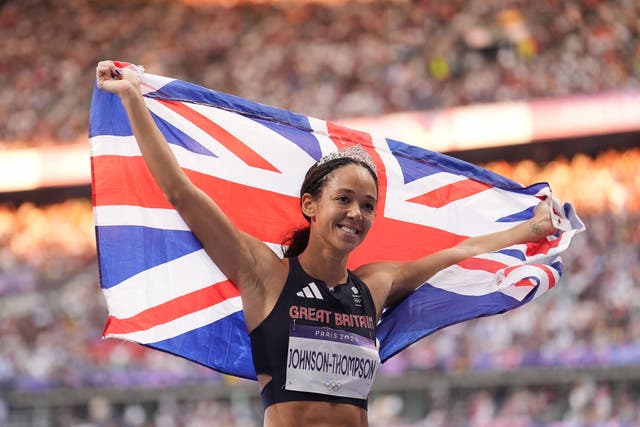 Great Britain’s Katarina Johnson-Thompson celebrates heptathlon silver (Martin Rickett/PA).