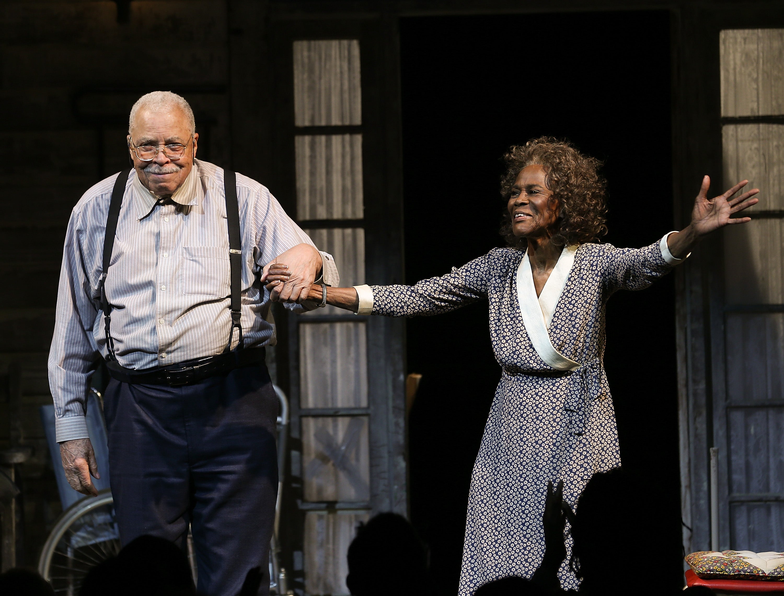 Jones and Cicely Tyson bow during the applause for the Broadway opening night of 'The Gin Game' at the John Golden Theatre in New York City in 2015