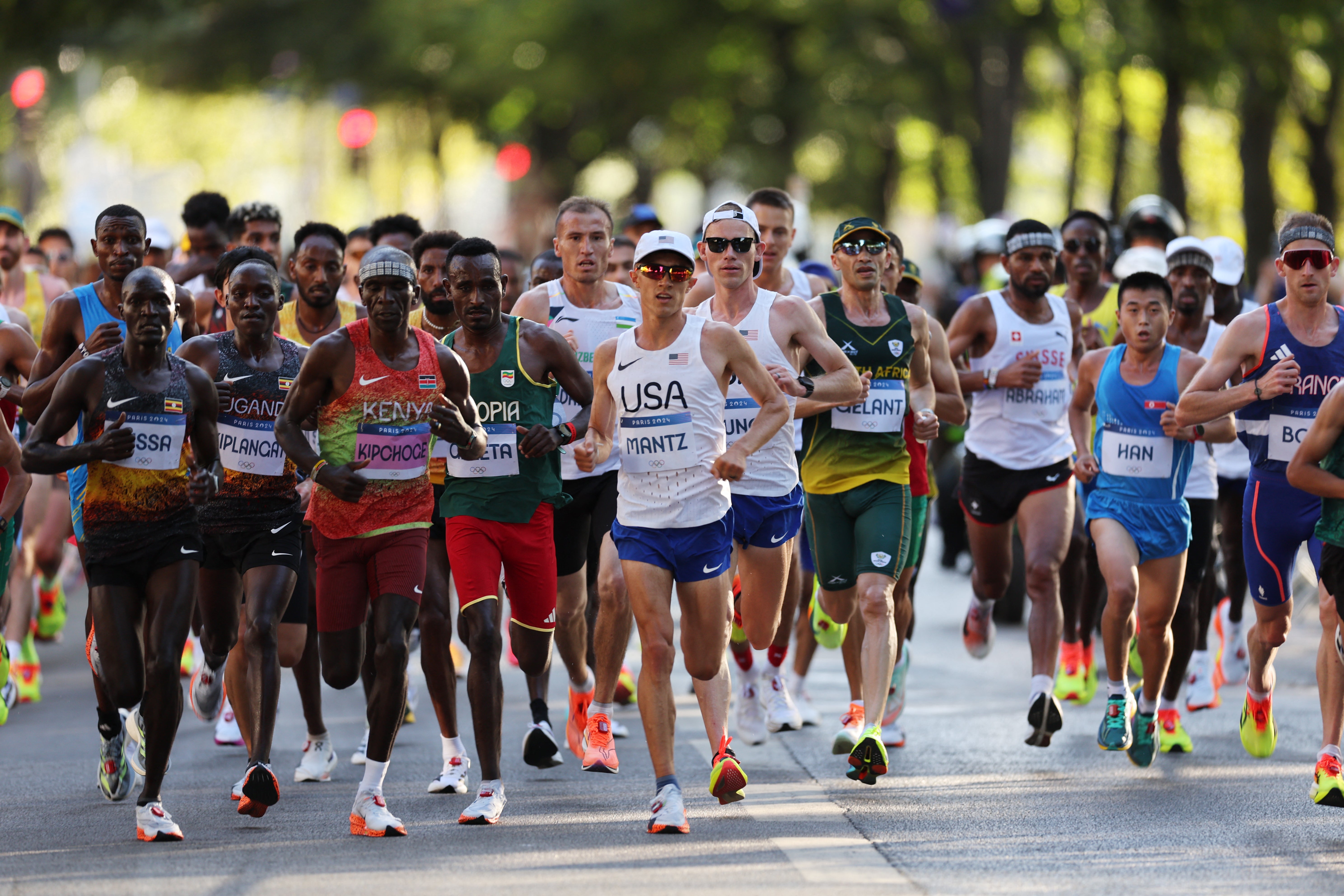 Eliud Kipchoge of Kenya at the front of the field during the race