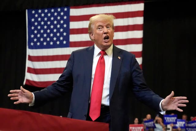 <p>Republican presidential nominee former President Donald Trump arrives to speak at a campaign rally in Bozeman, Montana. During the event, Trump said nobody knows Kamala Harris’s last name.  </p>