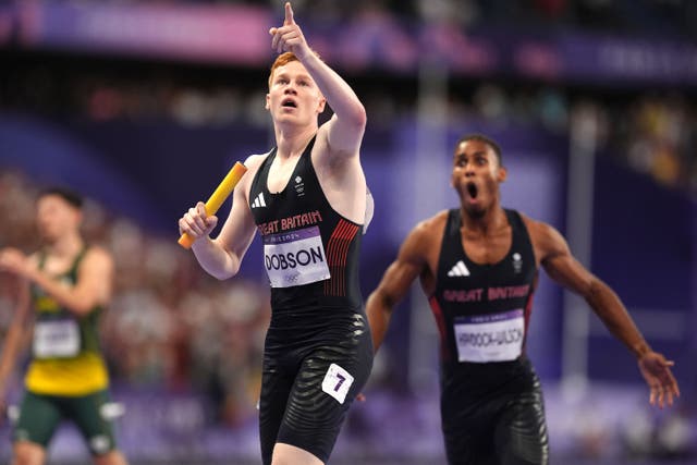 Great Britain’s Charles Dobson (left) and Alex Haydock-Wilson celebrate winning bronze in the men’s 4×400 metres relay (Martin Rickett/PA).