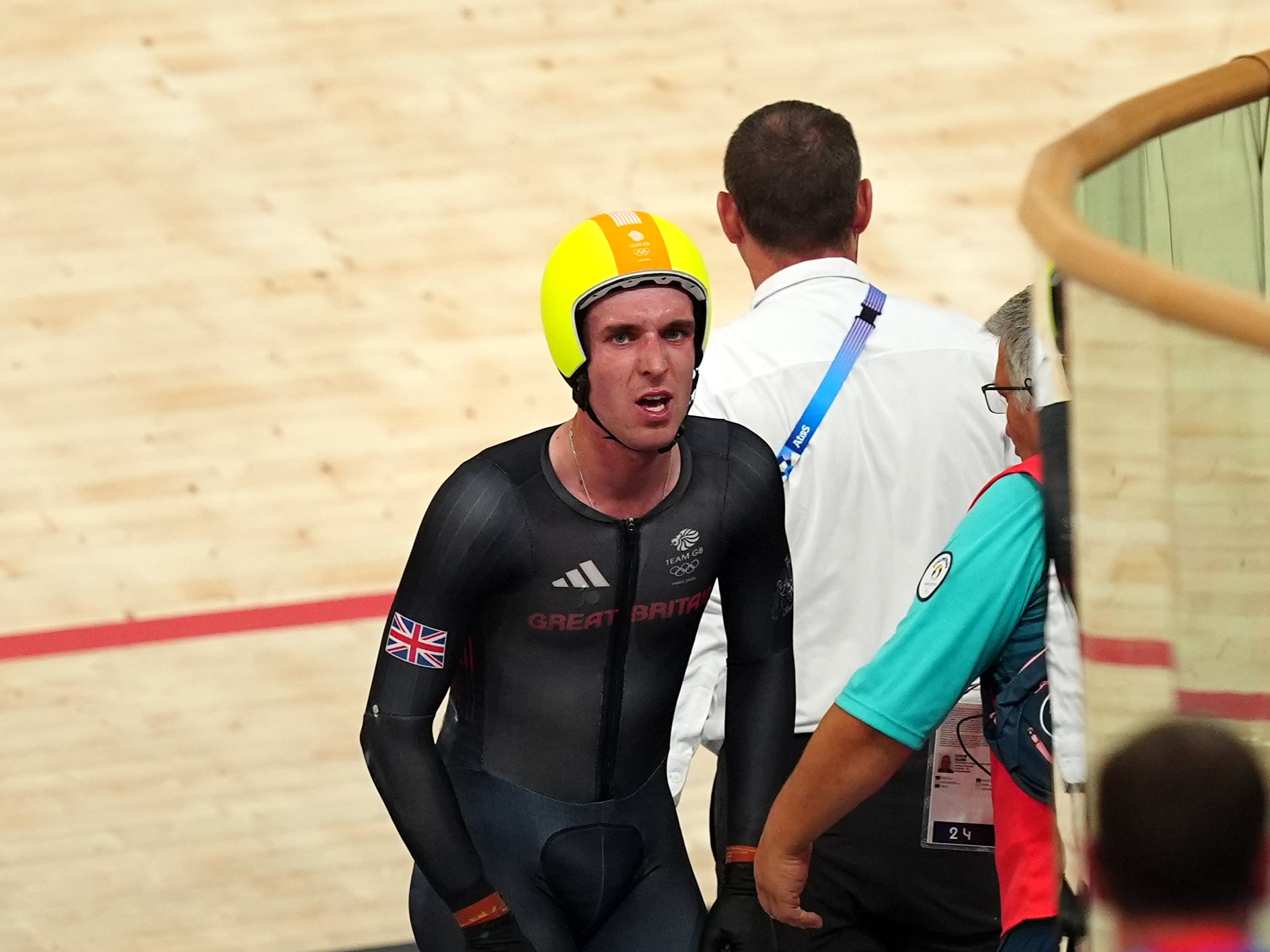 Great Britain's Oliver Wood after a collision in the Men's Madison Final