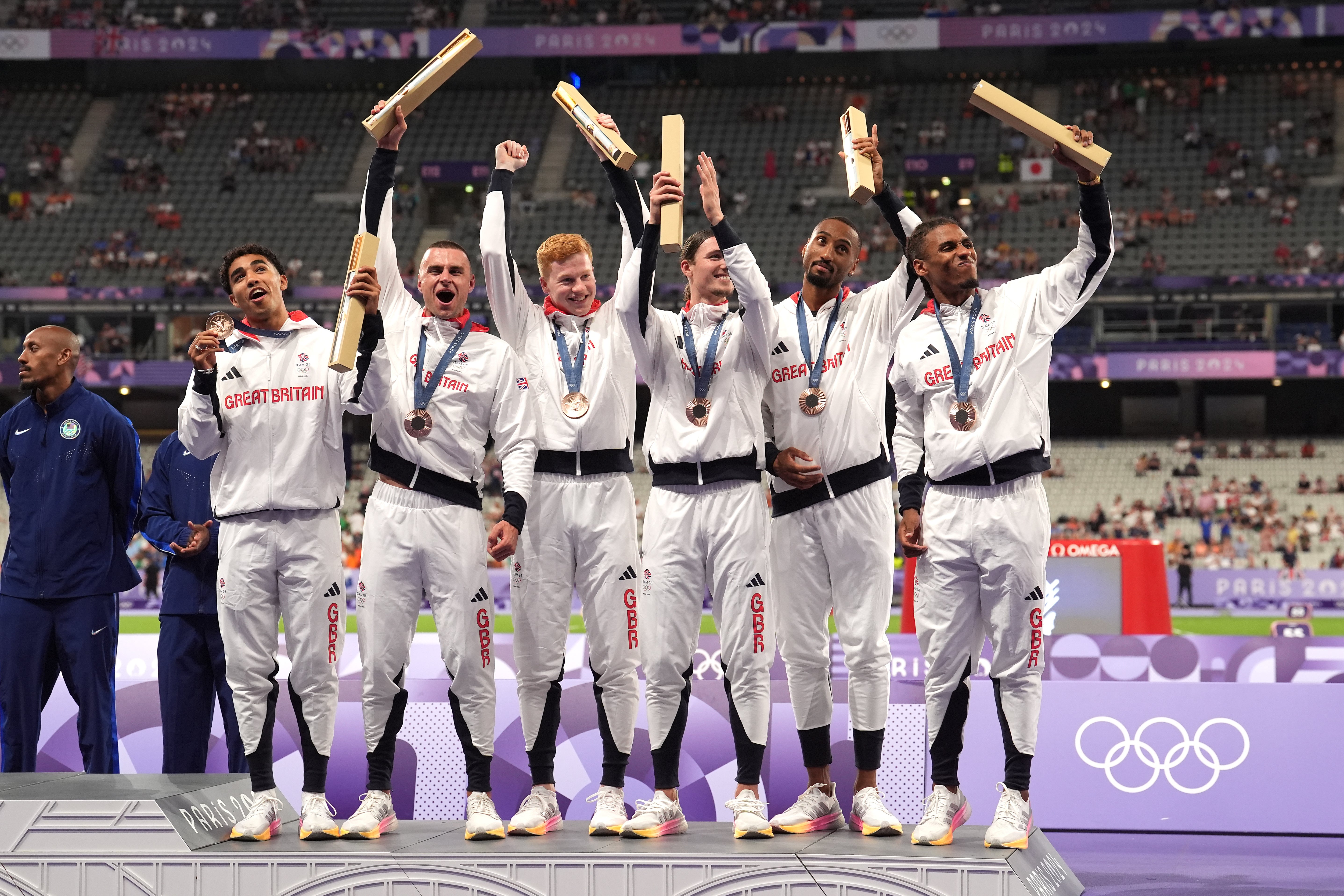 Great Britain celebrate bronze in the 4x400m relay (Martin Rickett/PA)