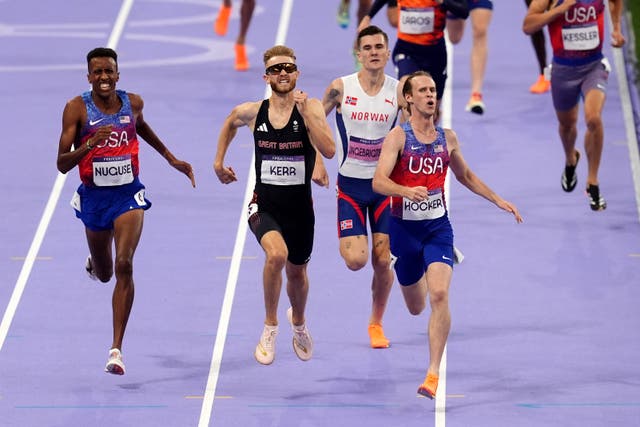 <p>Reigning Olympic 1500m champion Jakob Ingebrigtsen (second from right) trails in fourth behind American winner Cole Hocker (Martin Rickett/PA)</p>