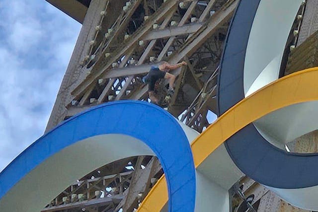 <p>A man climbs the Eiffel Tower, during the 2024 Summer Olympics</p>