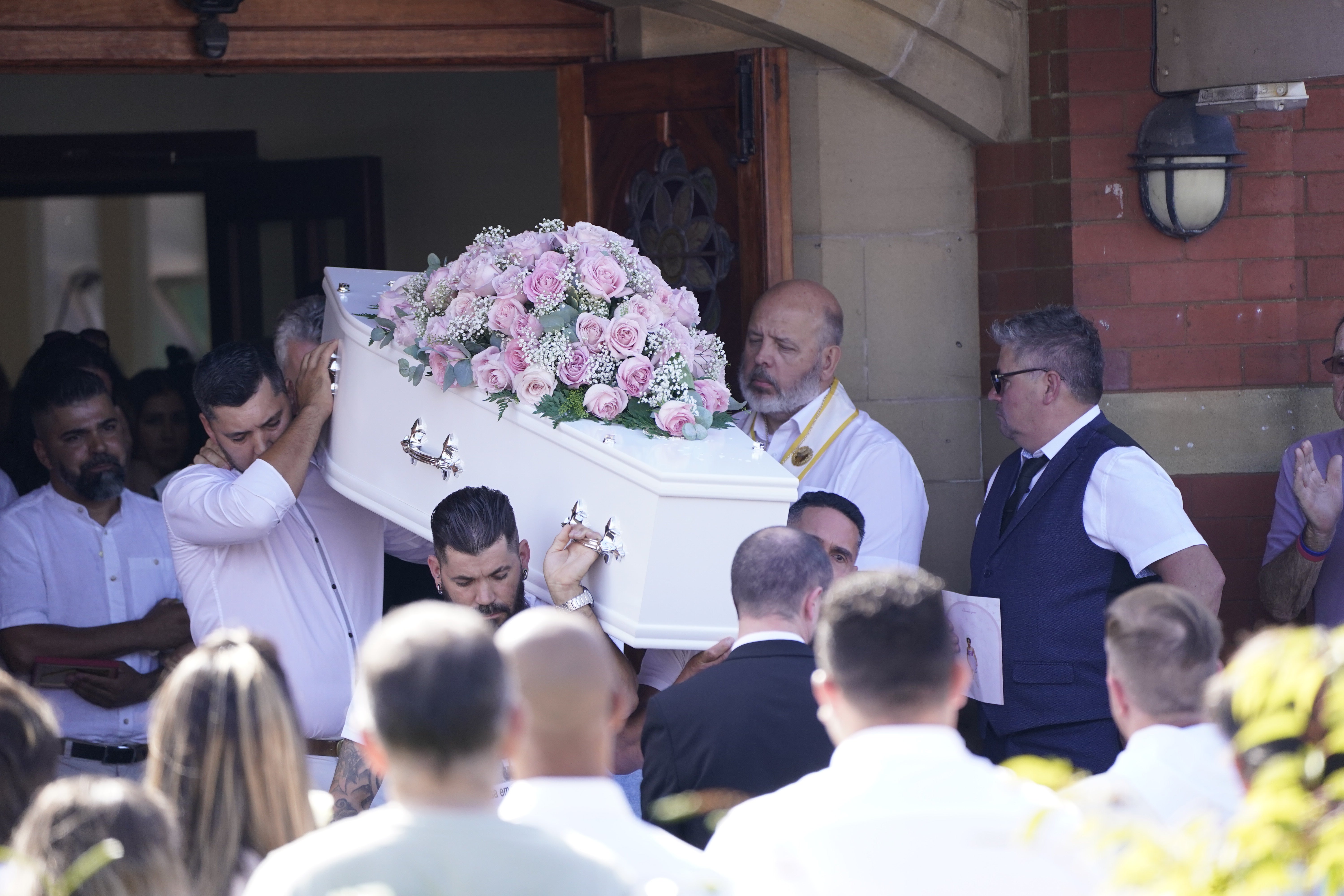 Alice da Silva Aguiar’s coffin leaves St Patrick’s Church in Southport after her funeral