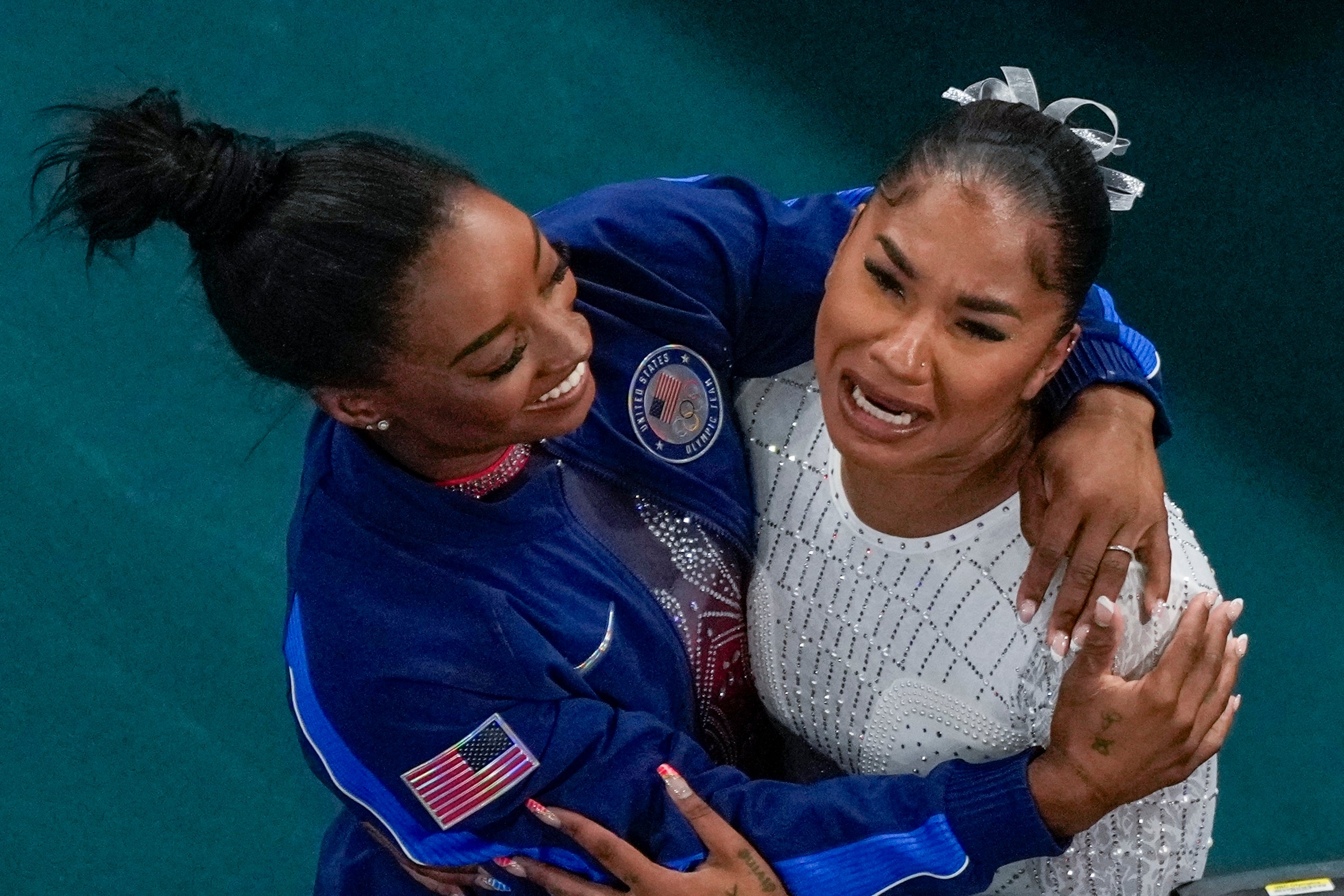 Jordan Chiles (right) and Simone Biles of the United States celebrate at the Paris 2024 Olympics