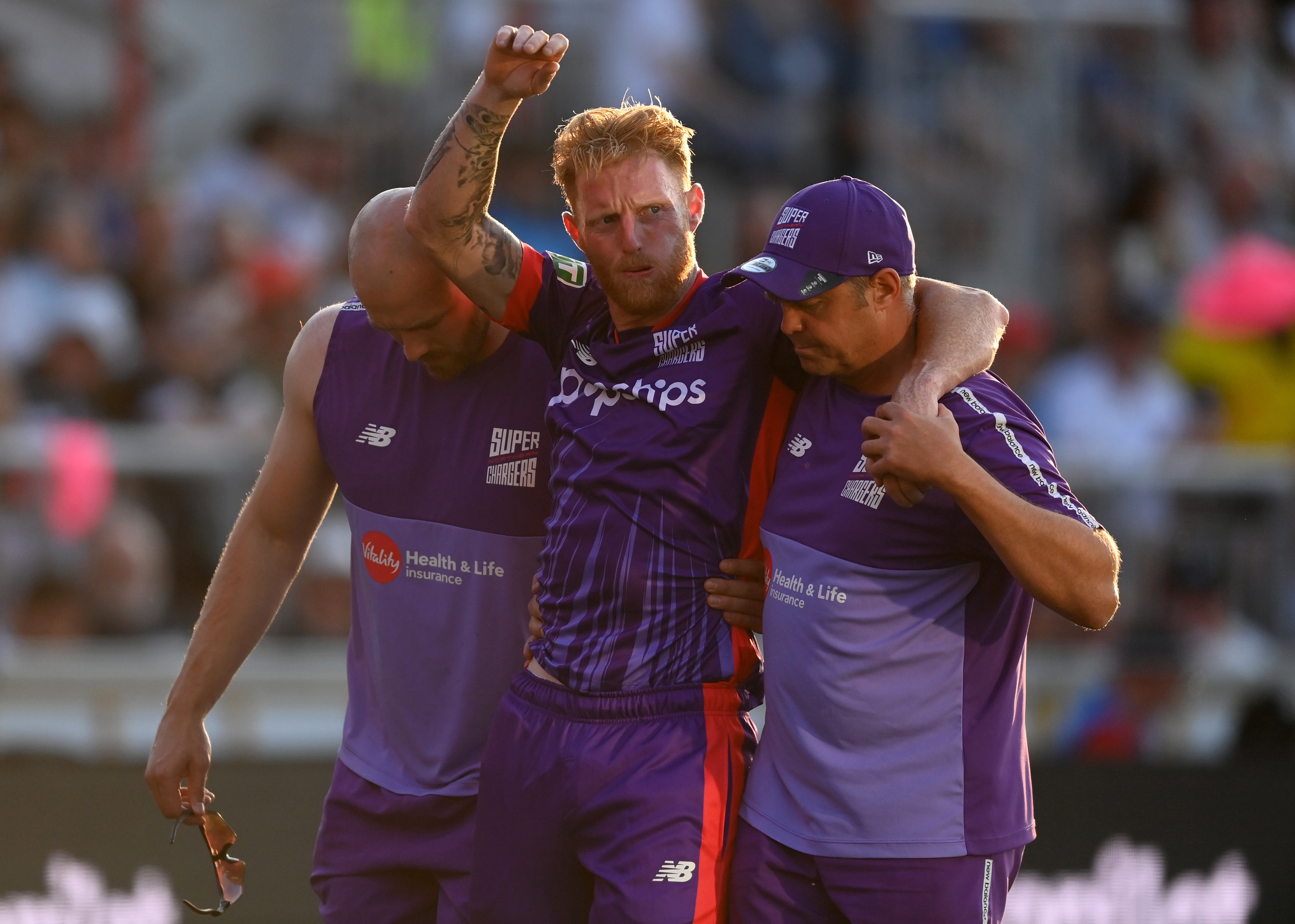 Ben Stokes of Northern Superchargers is carried from the field