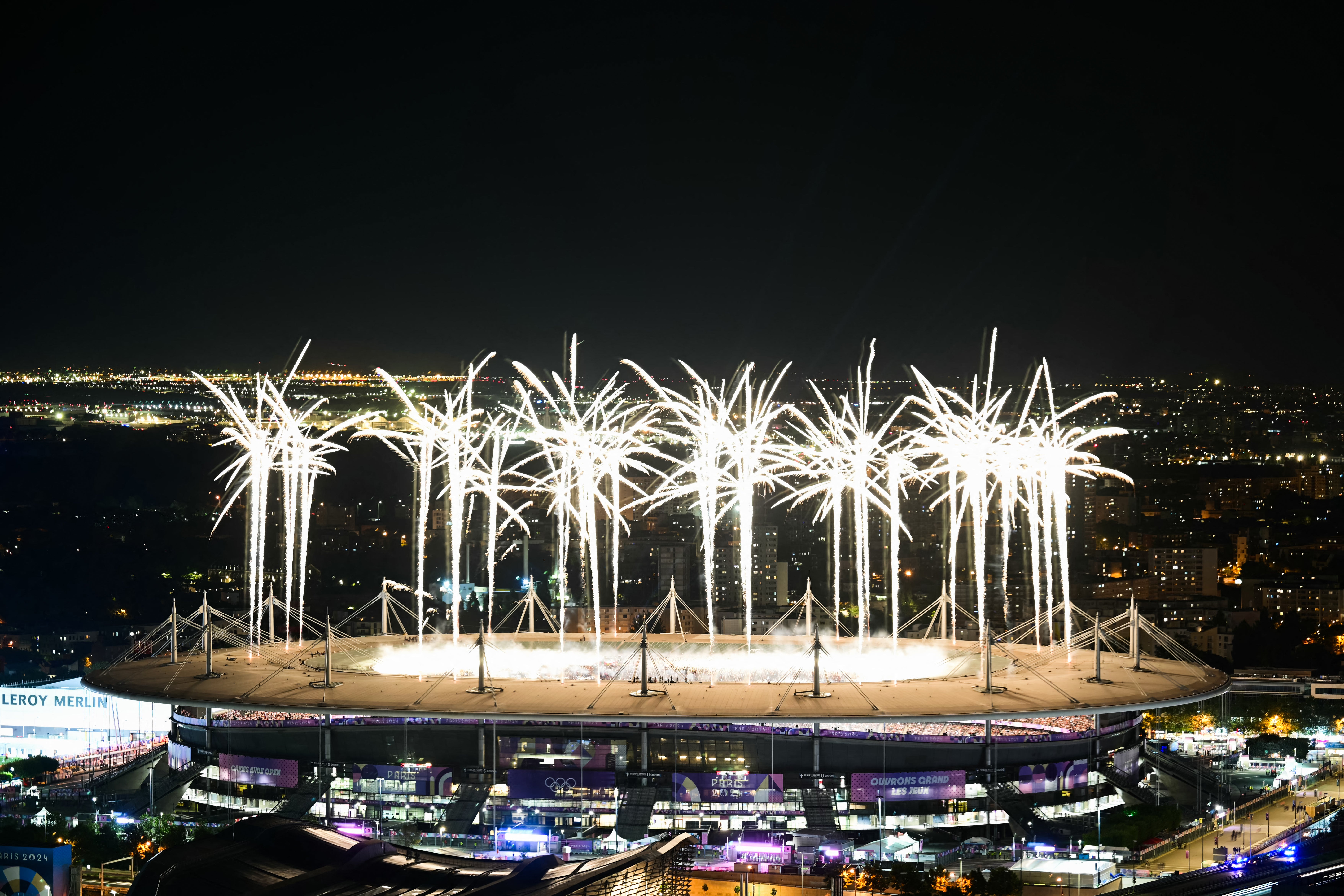 Fireworks illuminate the sky during the closing ceremony of the Paris 2024 Olympic Games at the Stade de France