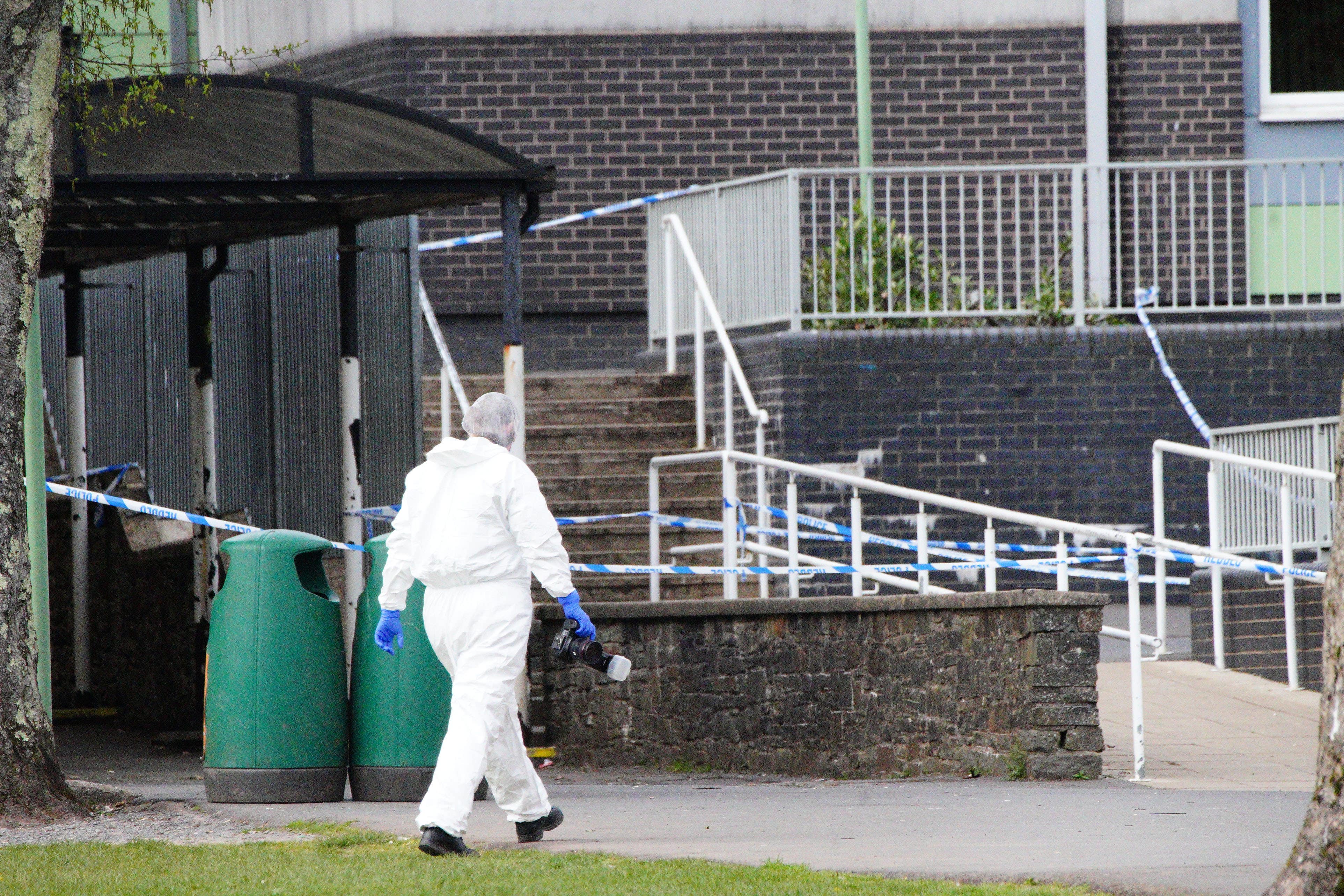 Forensic investigators at Amman Valley school, in Ammanford, Carmarthenshire (Ben Birchall/ PA Wire)