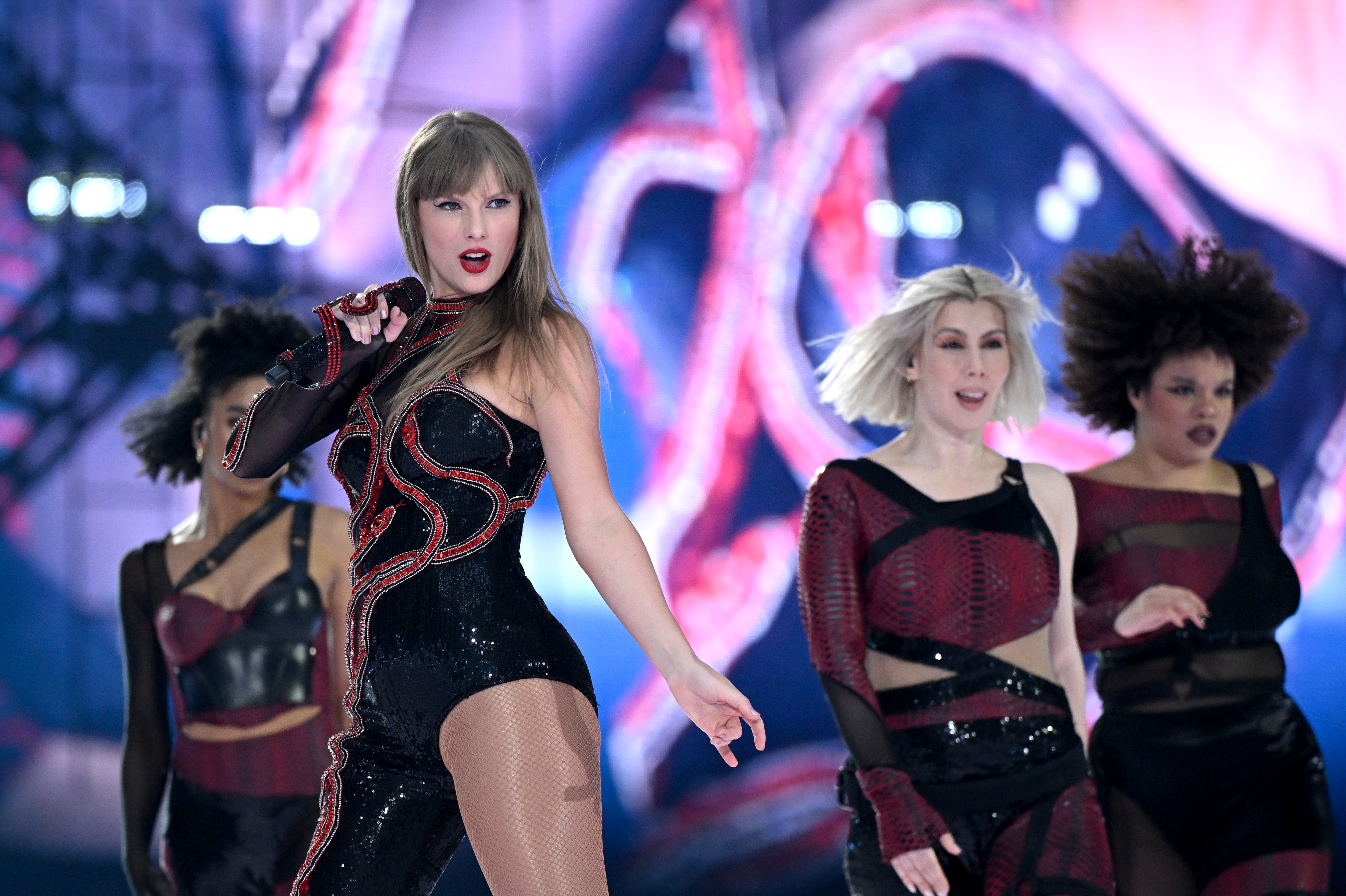 Taylor Swift performs during her Eras Tour concert in Amsterdam